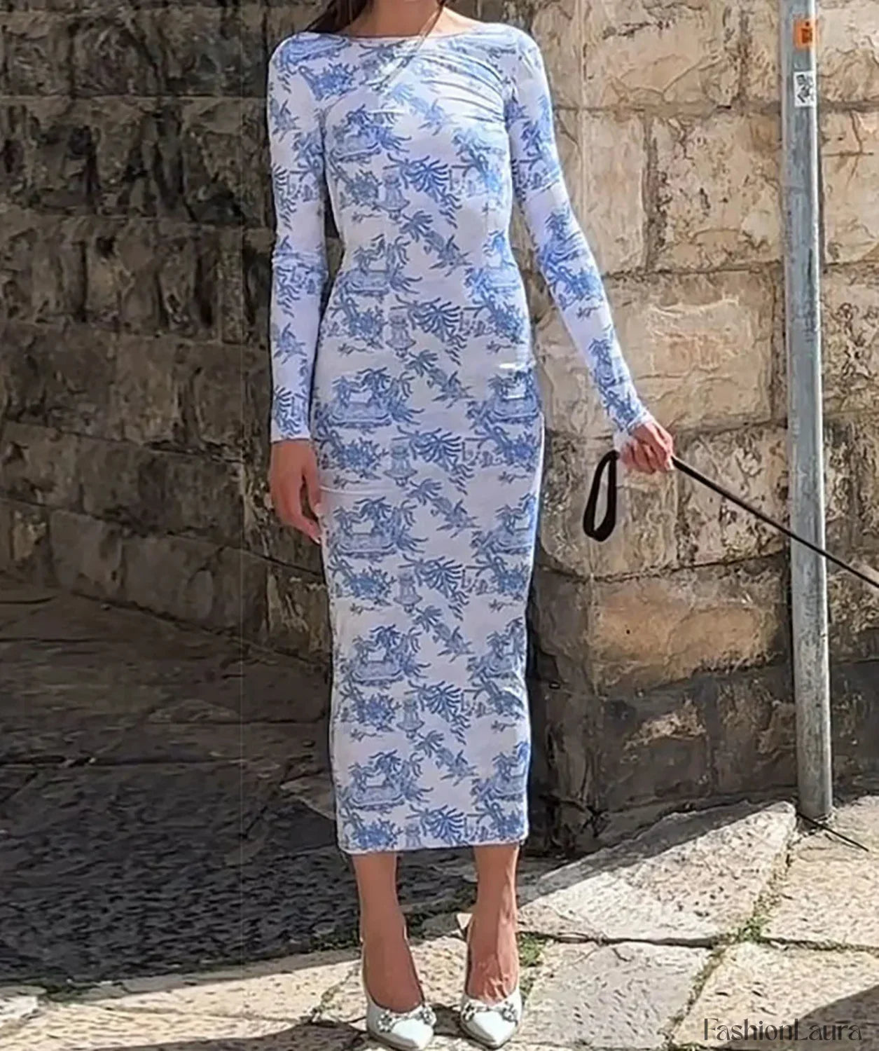 Long-Sleeve Printed Midi Dress