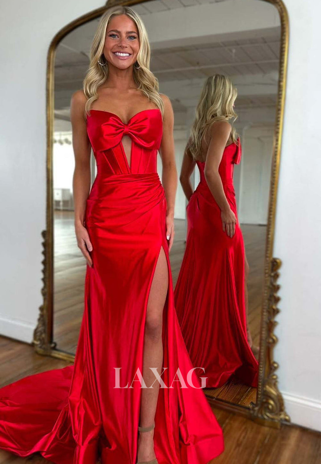Bow-Sweetheart Sleeveless Mermaid Prom Dress Off-Shoulder Pleated Satin Formal Gowns with Sweep Train