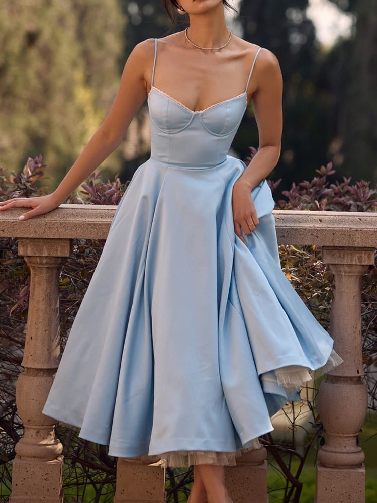 Satin Bustier Spaghetti Strap Tulle Underlay Fit and Flare Midi Dress