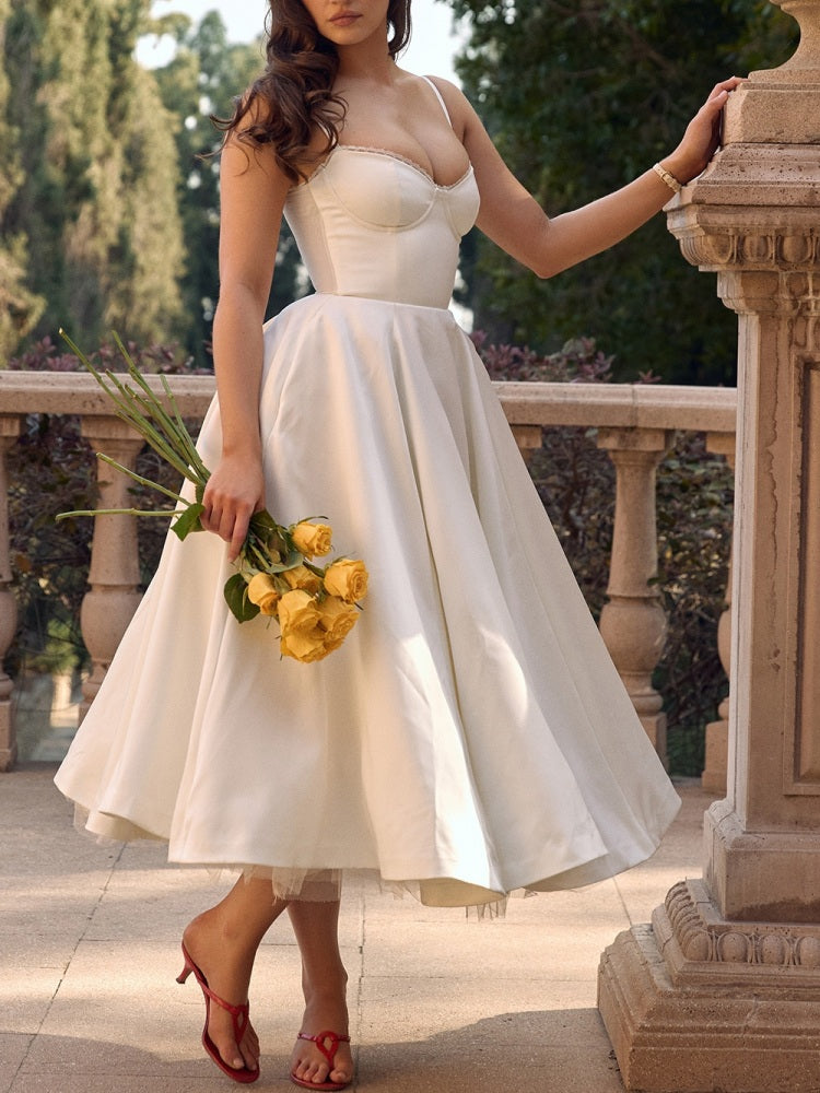 Satin Corset Bustier Spaghetti Strap Fit and Flare Tulle Hem Midi Dress 2