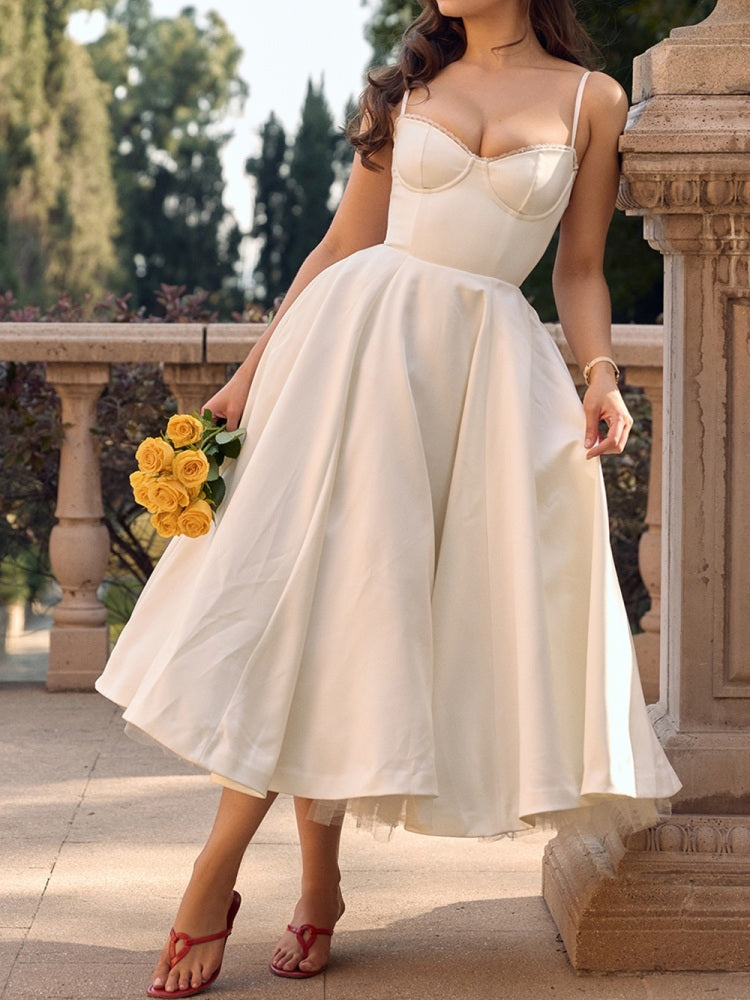 Satin Corset Bustier Spaghetti Strap Fit and Flare Tulle Hem Midi Dress
