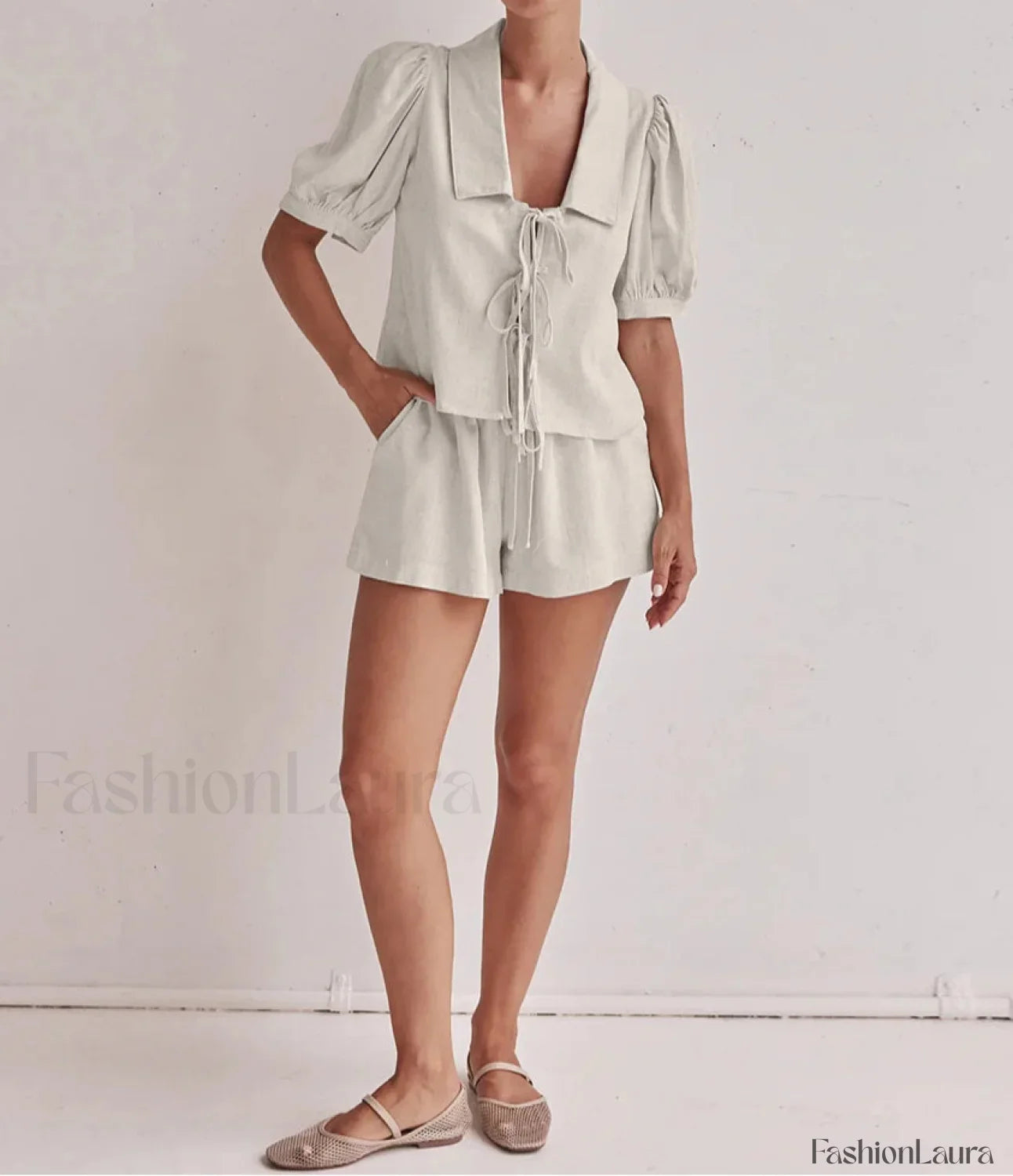 Loose Apricot Linen Shirt Shorts Two Piece Set