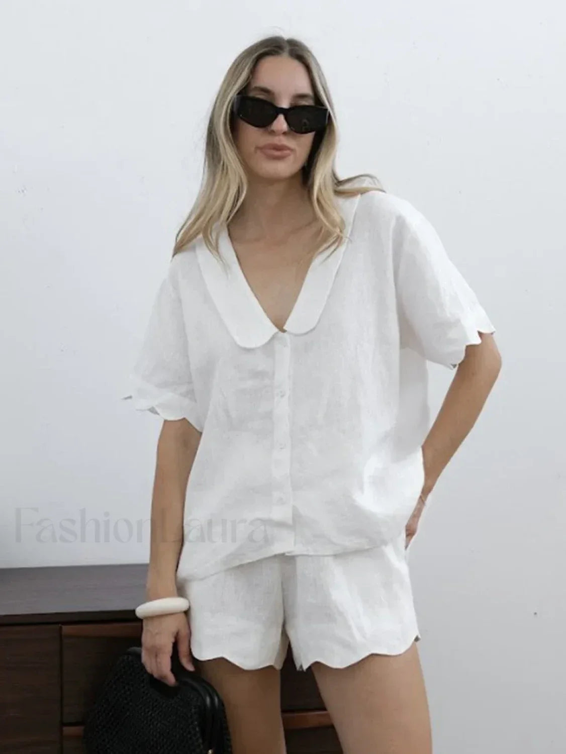 Loose Collar Short Sleeve Shorts Two Piece Set