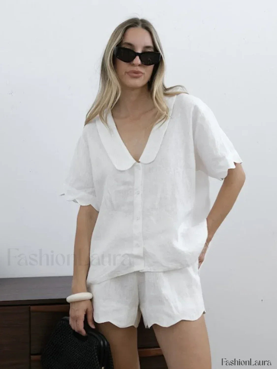 Loose Collar Short Sleeve Shorts Two Piece Set