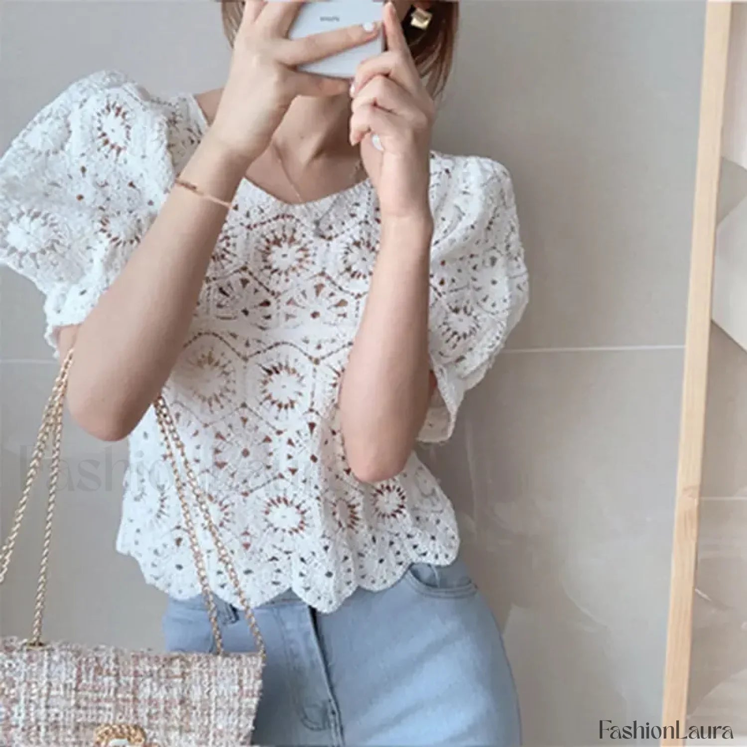 Loose Hollow-out Crocheted Puff Short Sweater Blouse