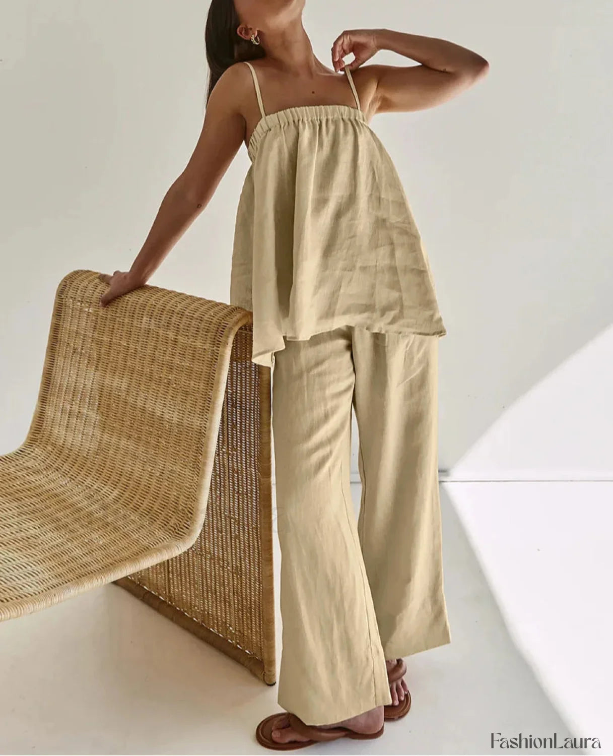 Loose Khaki Cotton Tank Pants Two Piece Set