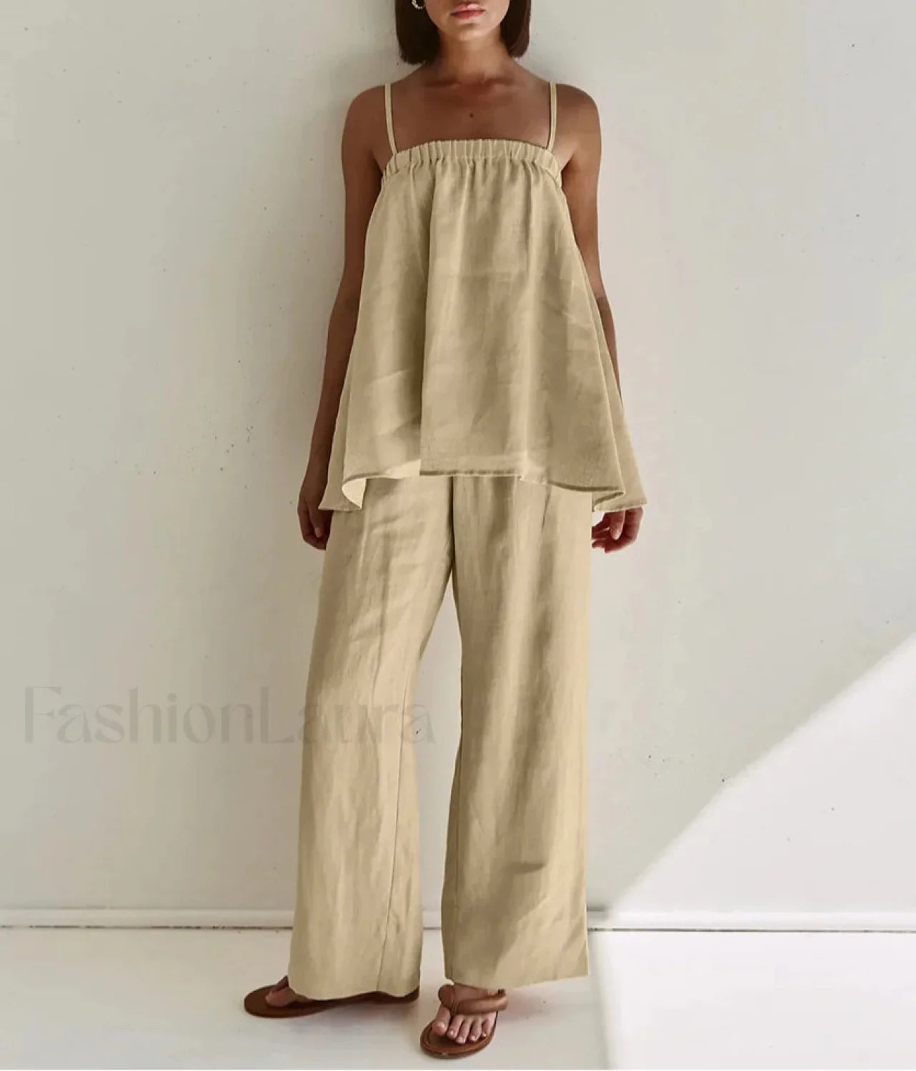 Loose Khaki Cotton Tank Pants Two Piece Set Khaki / S