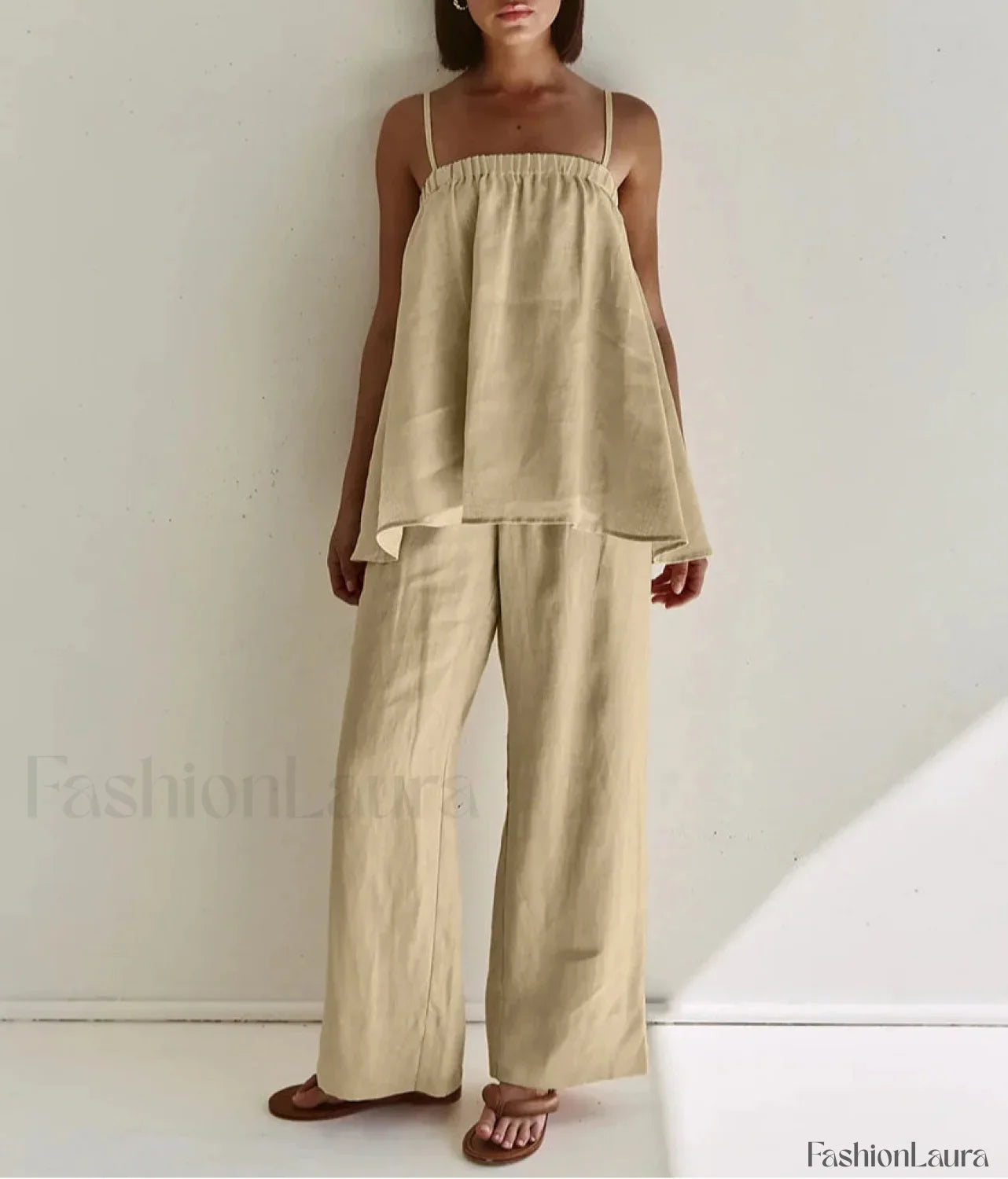 Loose Khaki Cotton Tank Pants Two Piece Set