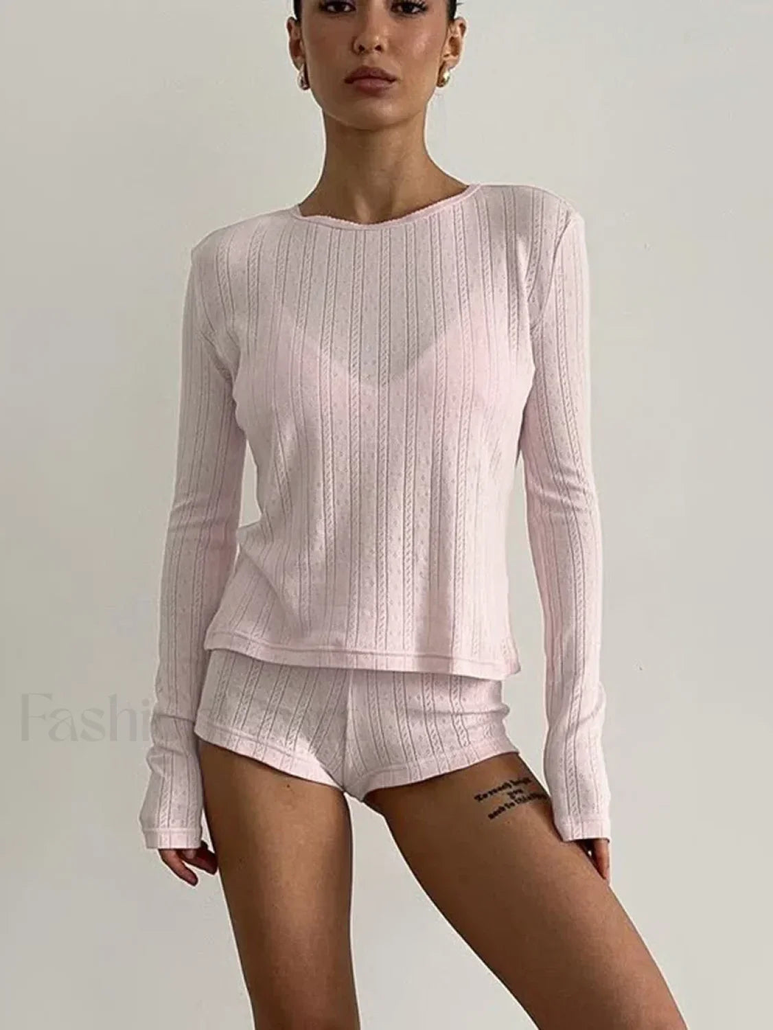 Loose Long Sleeve Knitted Shorts Two Piece Set Pink / S