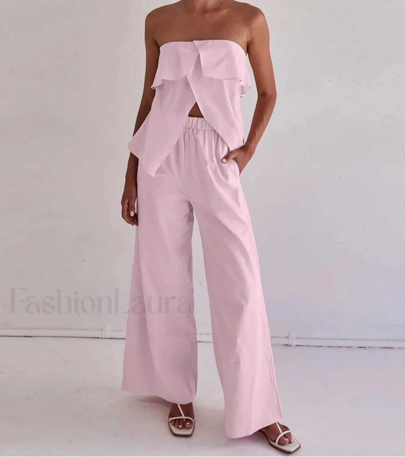 Loose Pink Cotton Tank Pants Two Piece Set