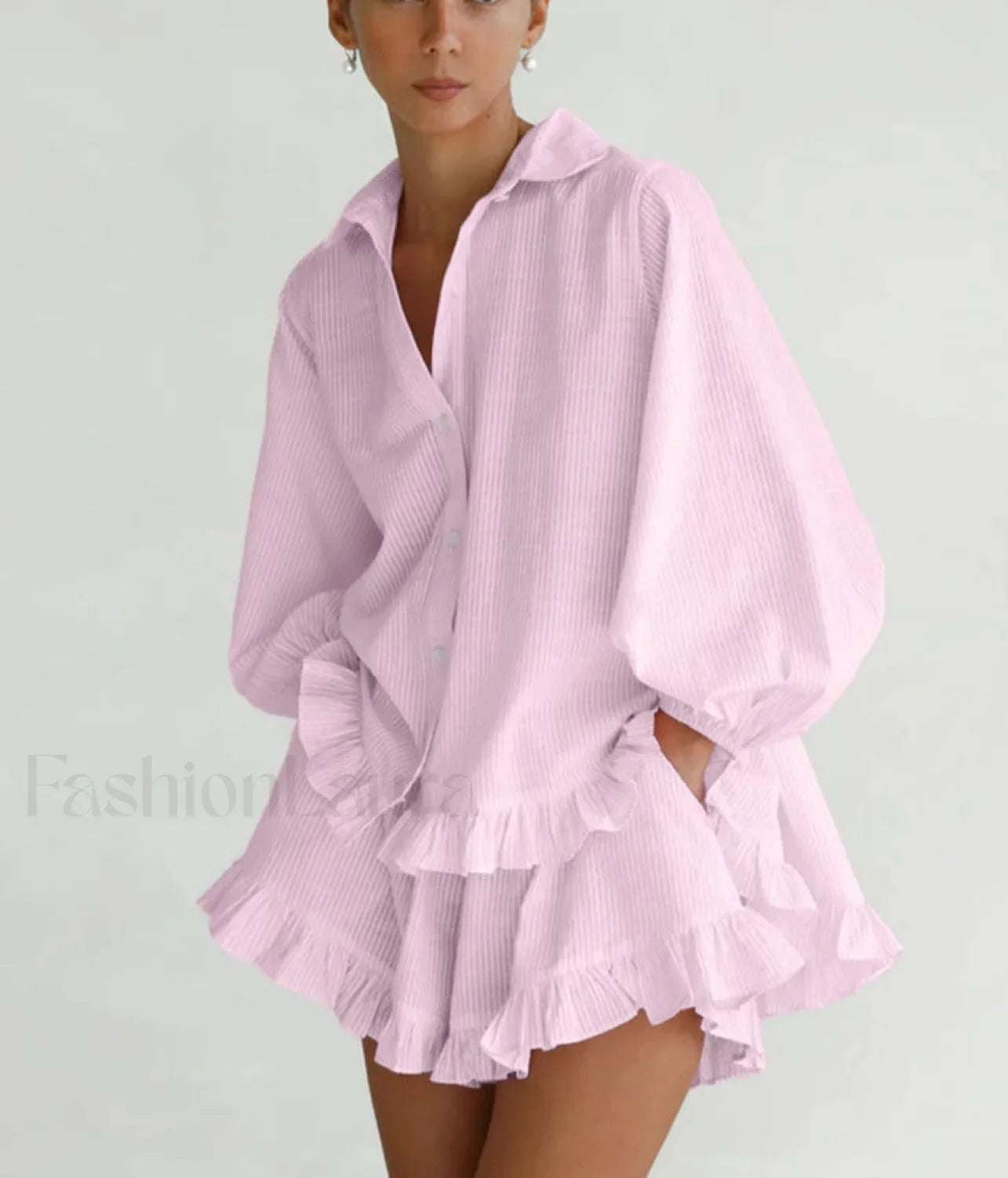 Loose Pink Stripe Ruffle Shorts Two Piece Set Pink / S