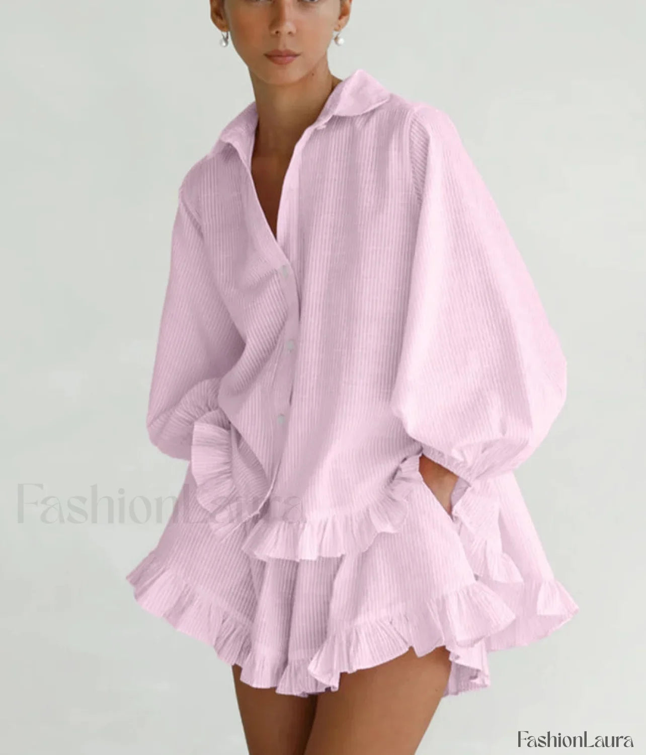 Loose Pink Stripe Ruffle Shorts Two Piece Set