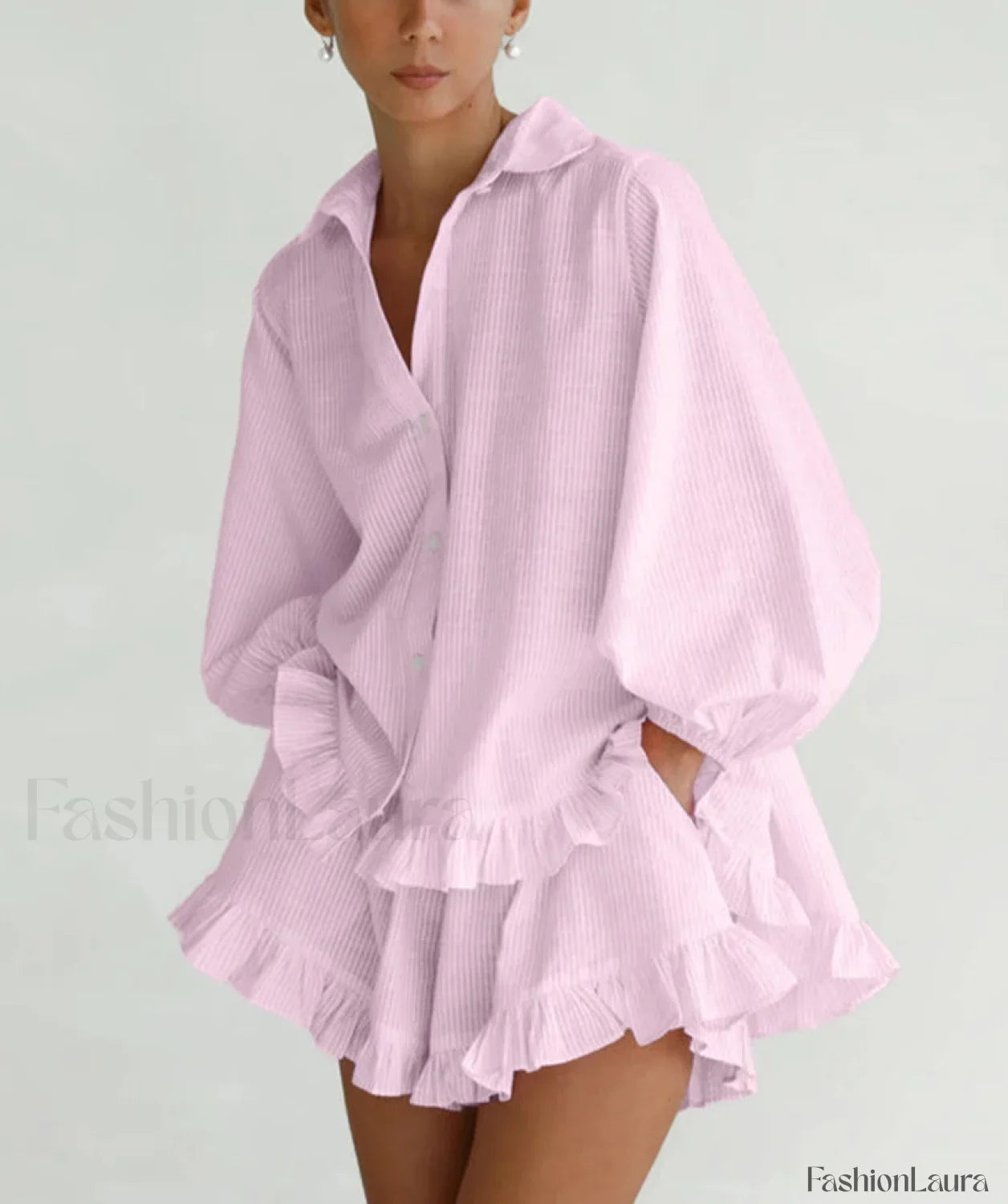 Loose Pink Stripe Shirt High Waist Ruffle Shorts Two Piece Set