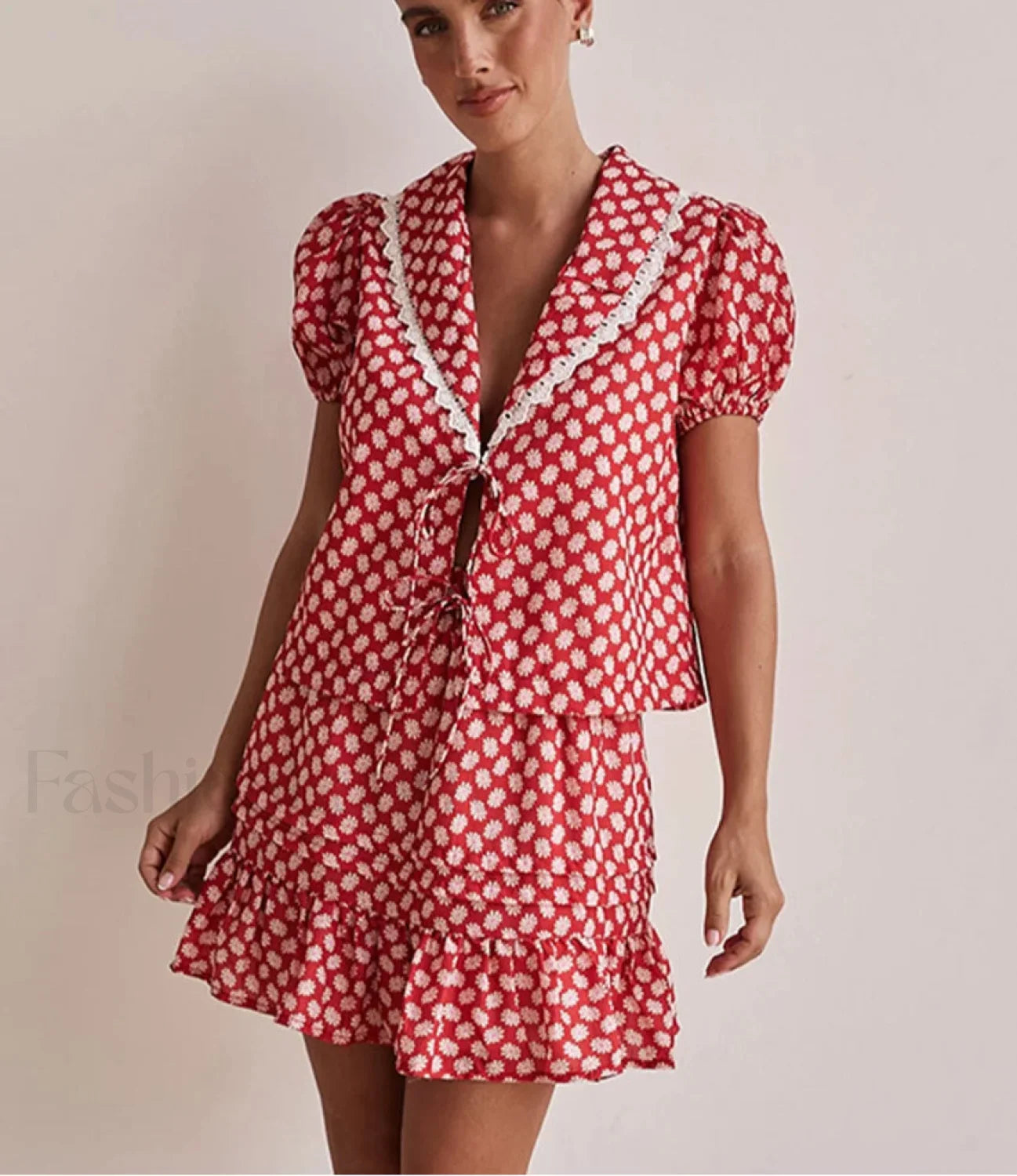 Loose Print Shirt Pleated Two Piece Set