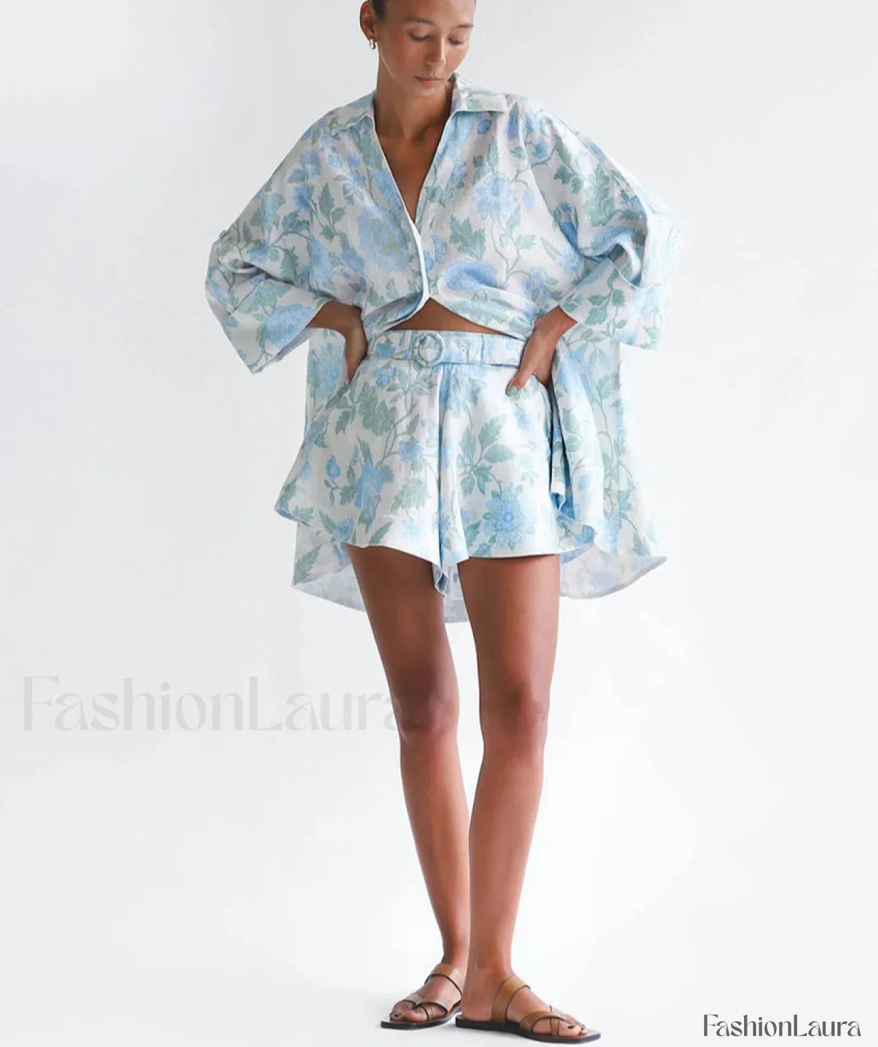 Loose Print Shirt Shorts Two Piece Set