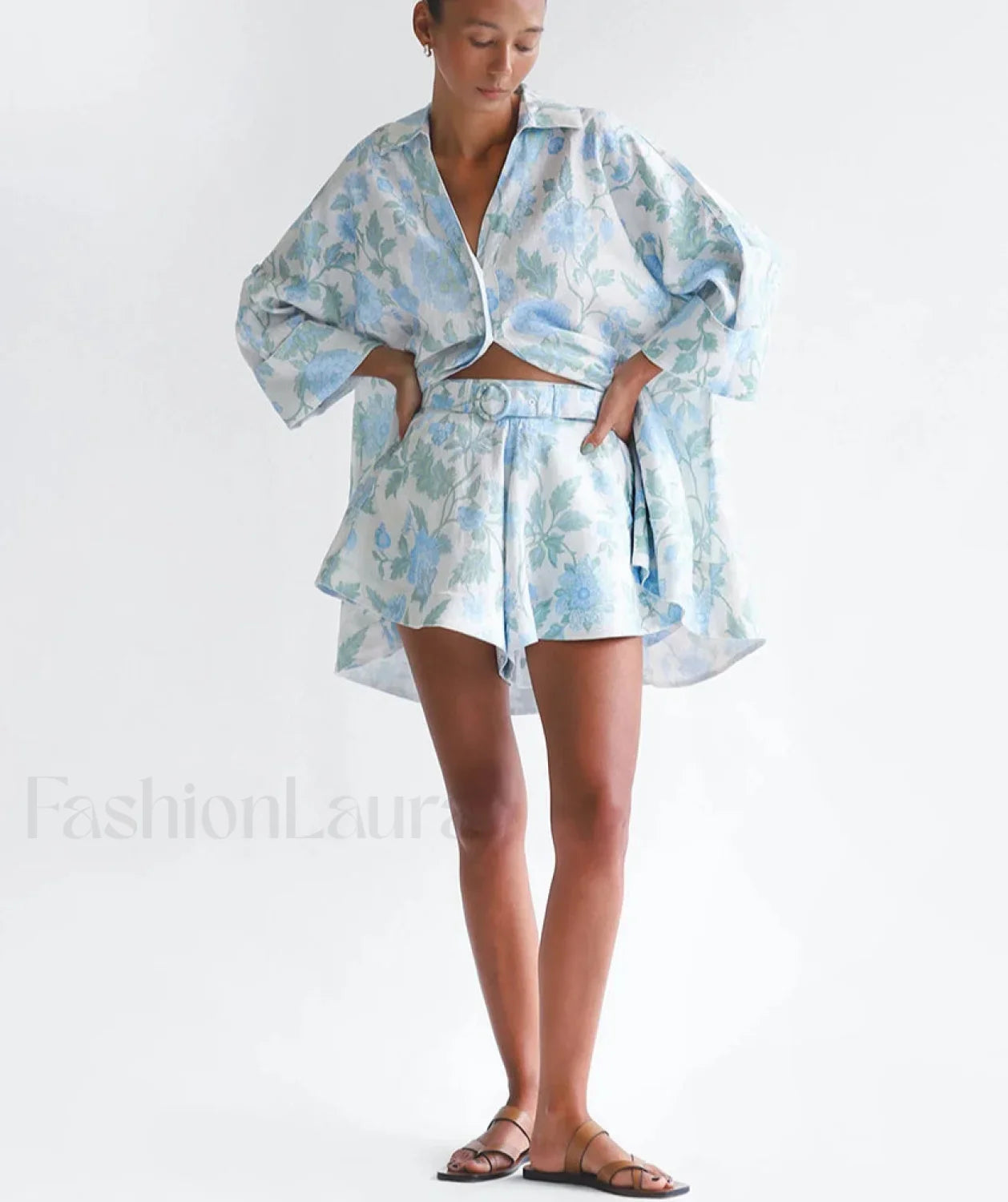 Loose Print Shirt Shorts Two Piece Set