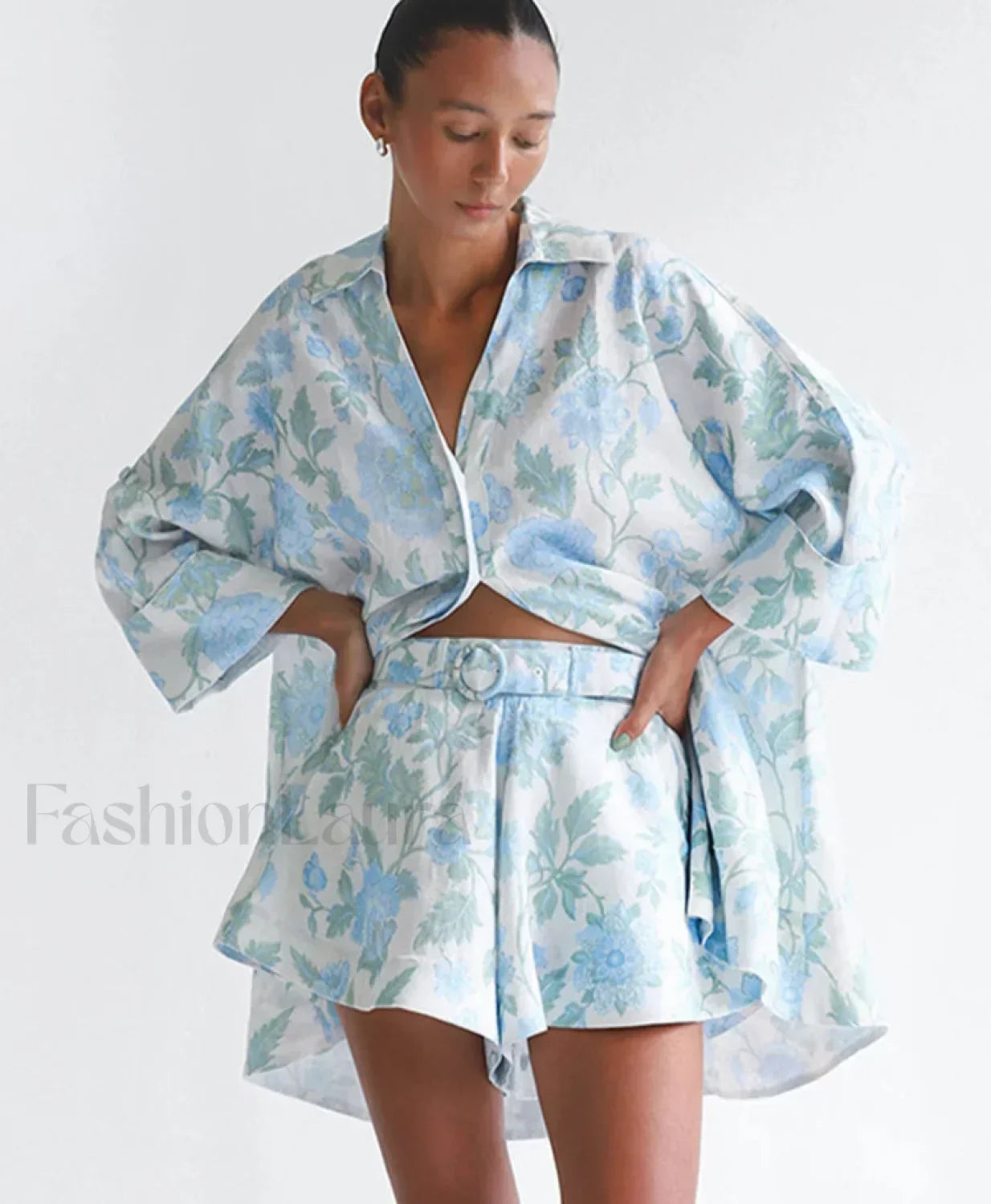 Loose Print Shirt Shorts Two Piece Set Blue / S