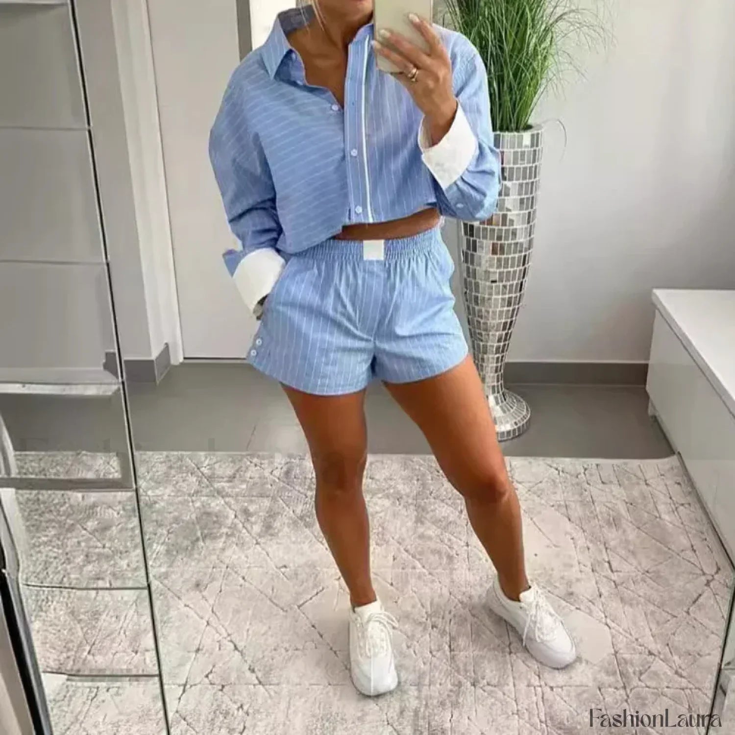 Loose Stripe Patchwork Shorts Two Piece Set