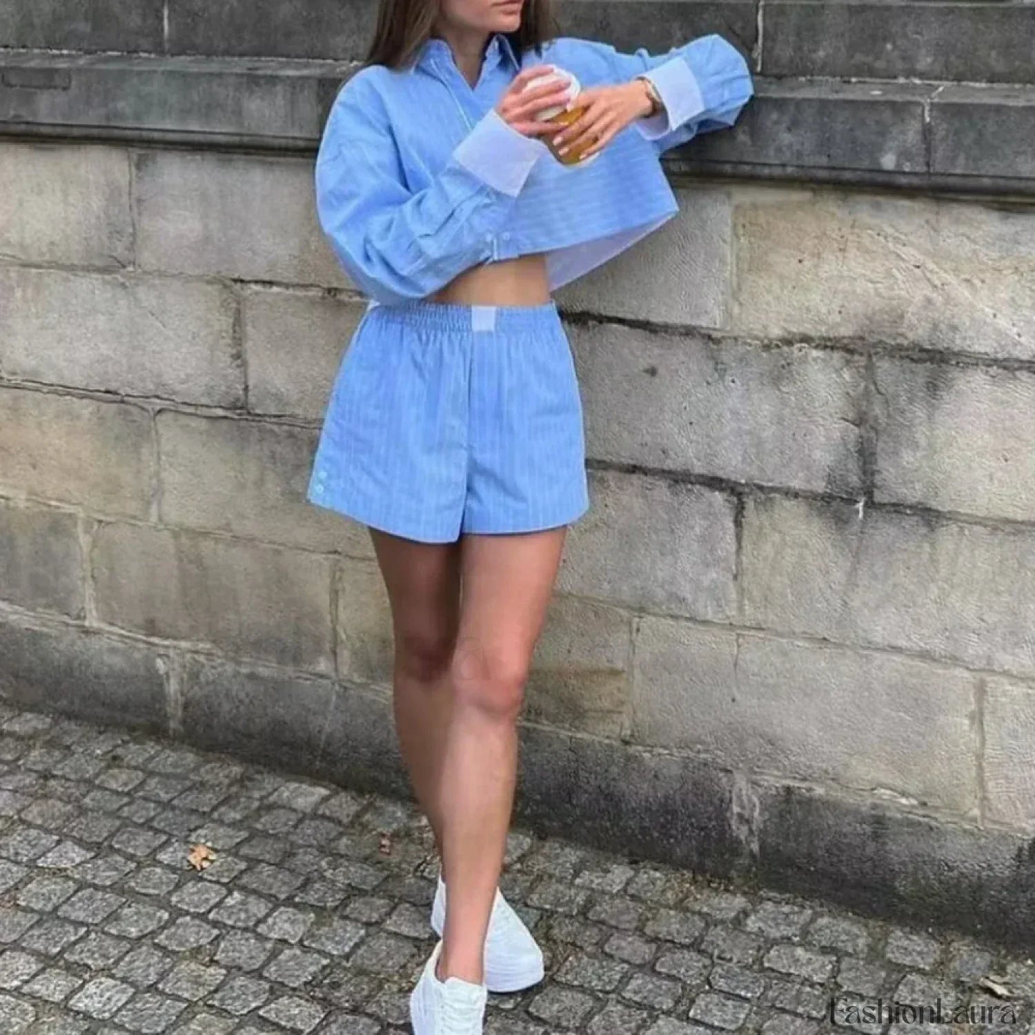 Loose Stripe Patchwork Shorts Two Piece Set