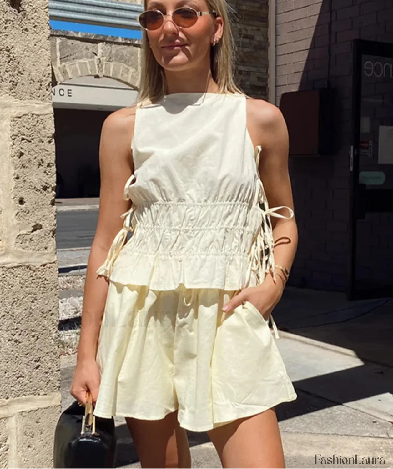 Loose Yellow Cotton Tank Top High Waist Shorts Two Piece Set