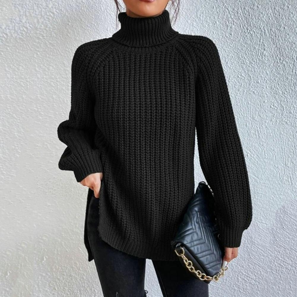 Turtleneck Long Sleeve Chunky Knit Side Split Sweater