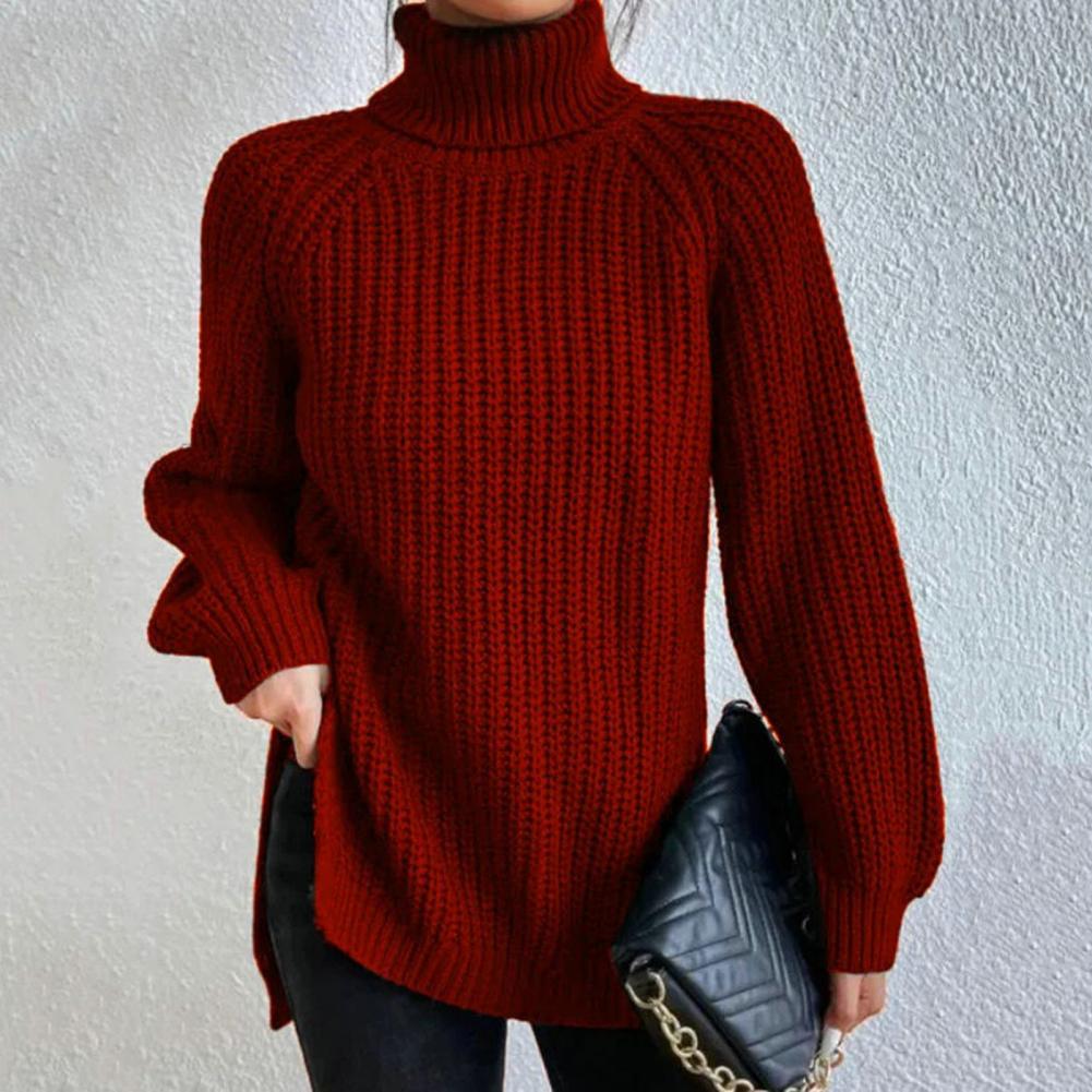 Turtleneck Long Sleeve Chunky Knit Side Split Sweater 3