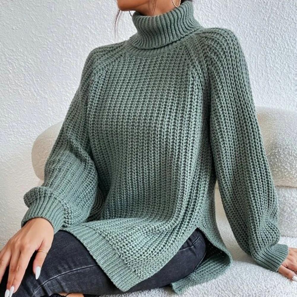 Turtleneck Long Sleeve Chunky Knit Side Split Sweater 2