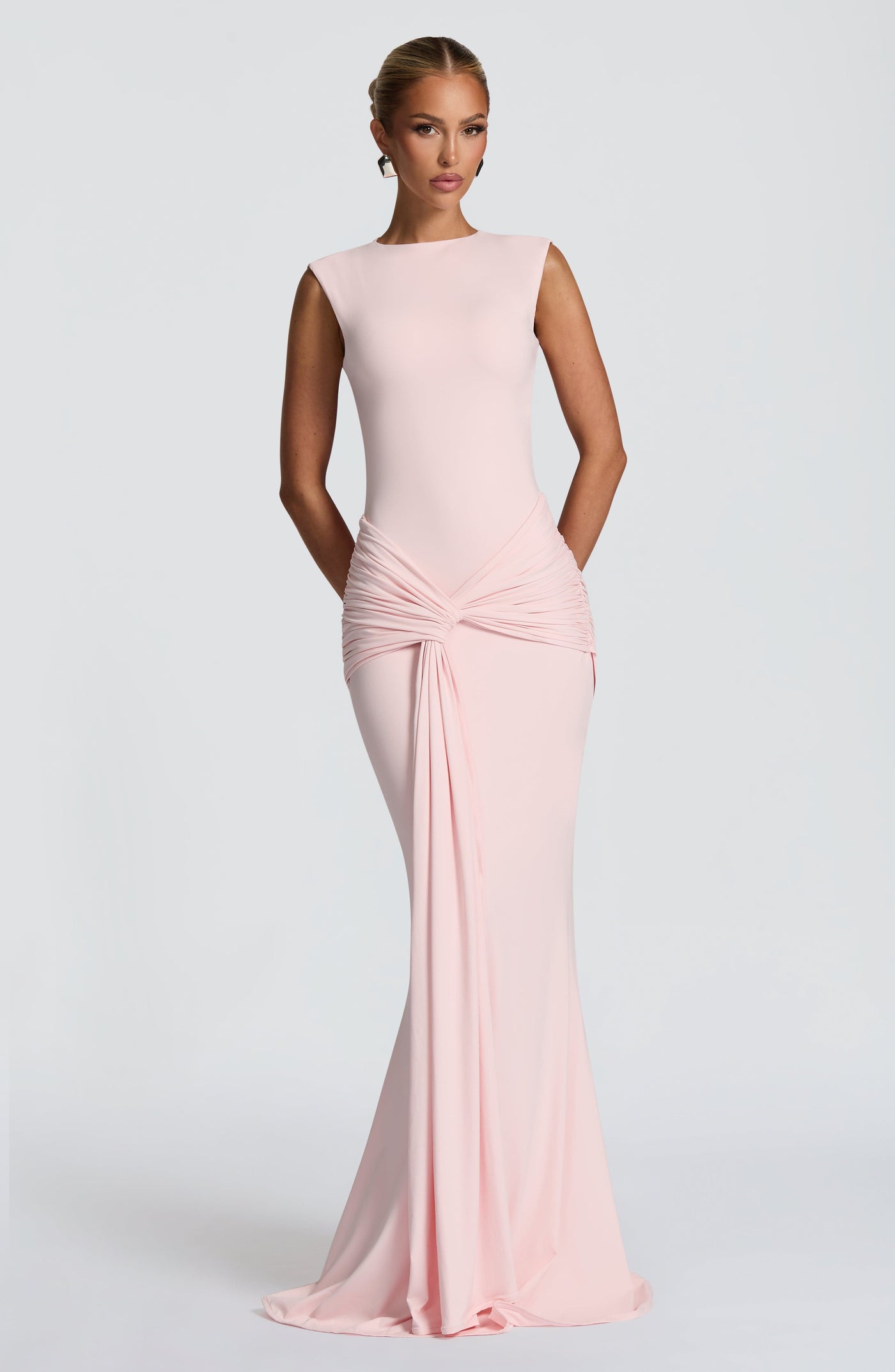 Boat Neck Ruched Twist Front Mermaid Maxi Gown 13