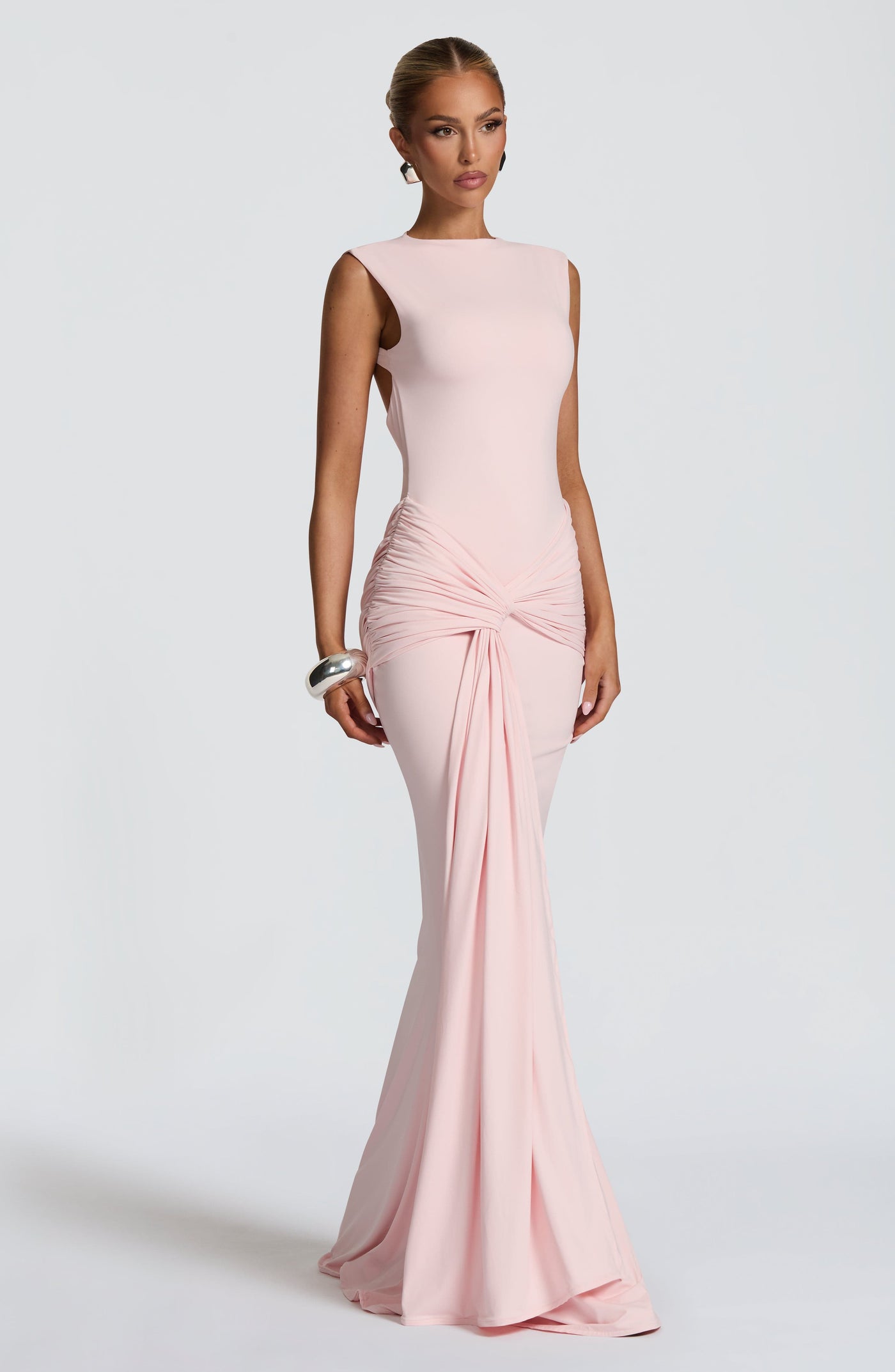 Boat Neck Ruched Twist Front Mermaid Maxi Gown 11
