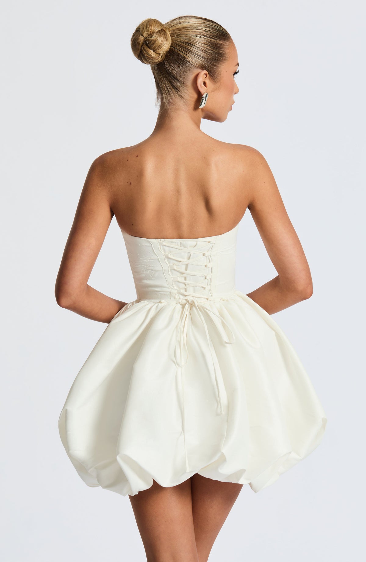 Satin Strapless Basque Waist Back Bow Bubble Hem Mini Dress 8