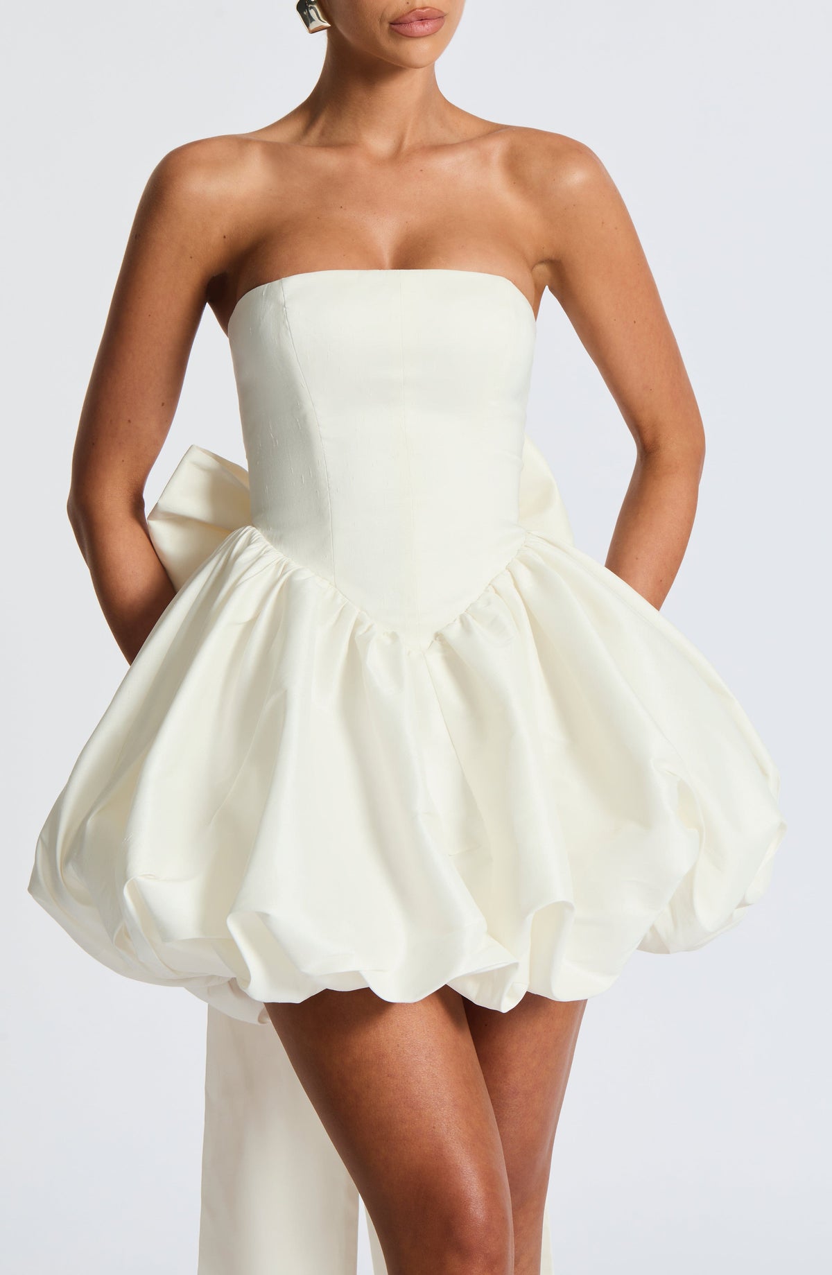Satin Strapless Basque Waist Back Bow Bubble Hem Mini Dress 5