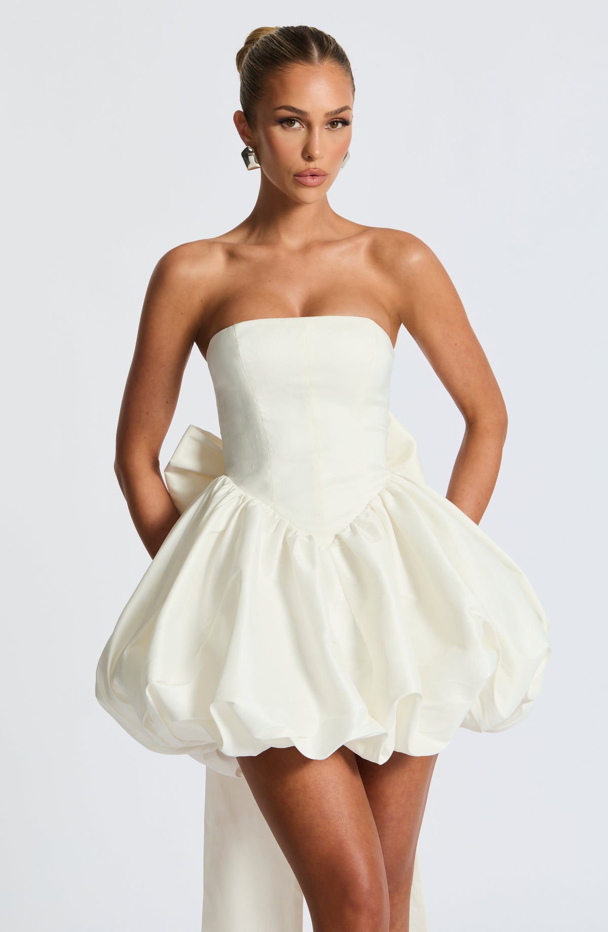 Satin Strapless Basque Waist Back Bow Bubble Hem Mini Dress 6