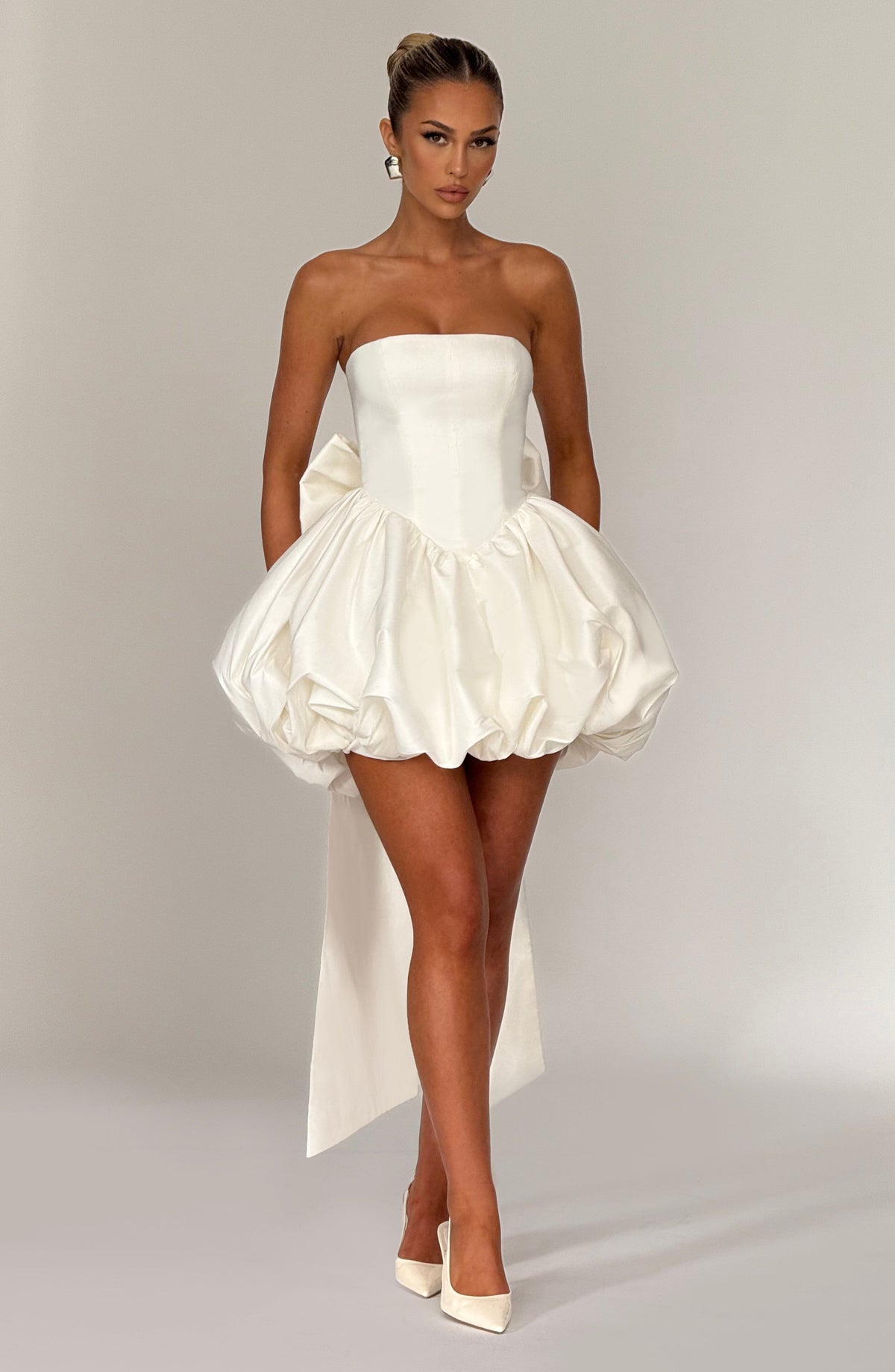 Satin Strapless Basque Waist Back Bow Bubble Hem Mini Dress 3