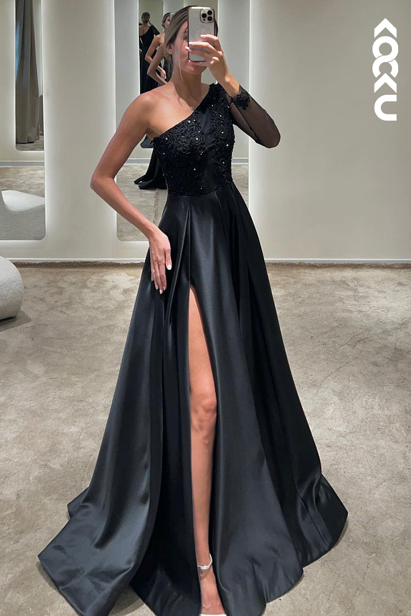 L2398 - Couture & Ornate One-Shoudler Long A-line Slit Applique Pearls Formal Prom Dress