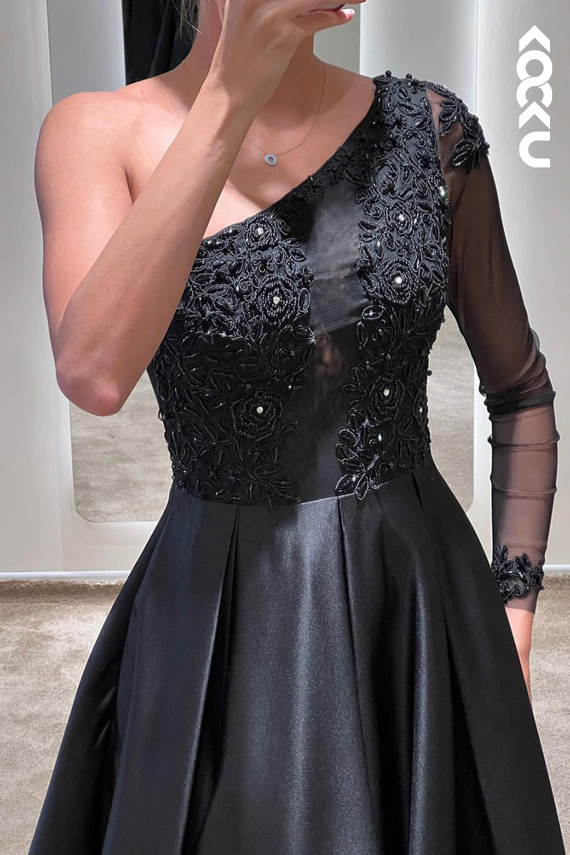 L2398 - Couture & Ornate One-Shoudler Long A-line Slit Applique Pearls Formal Prom Dress