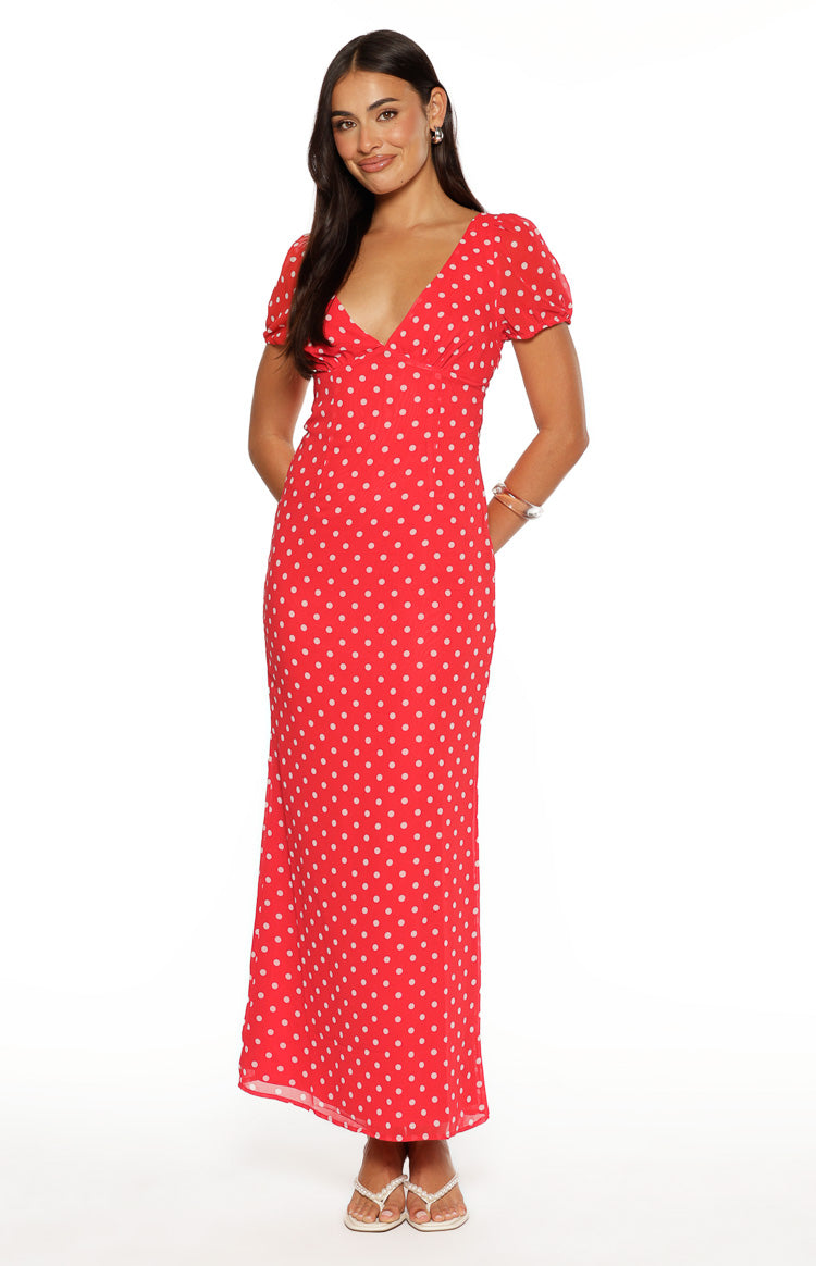 Polka Dot Deep V-Neck Puff Short Sleeve Bodycon Maxi Dress 2