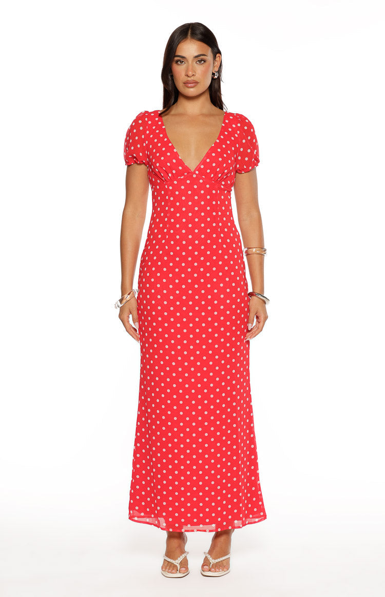 Polka Dot Deep V-Neck Puff Short Sleeve Bodycon Maxi Dress 14