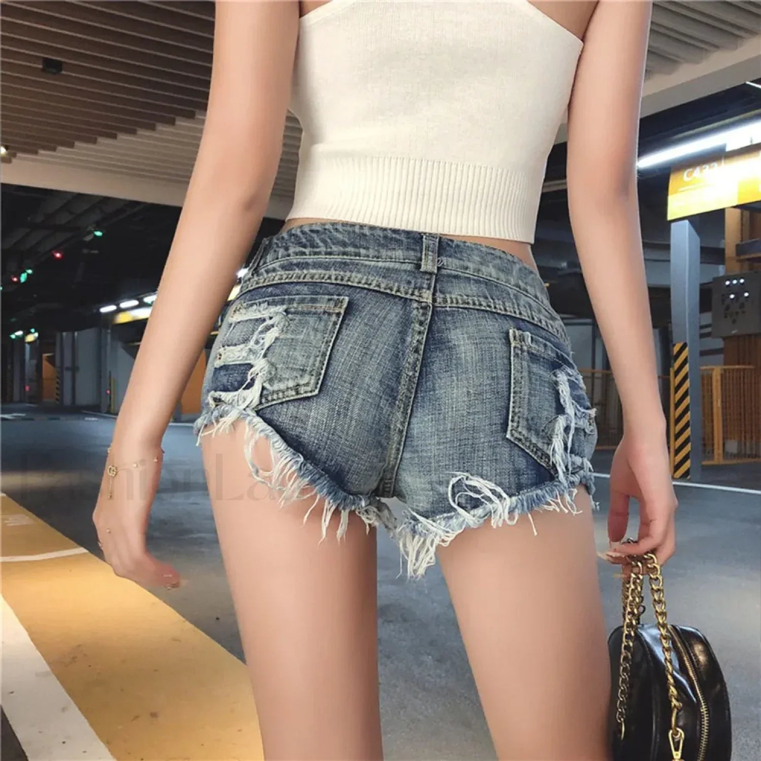 Low Waist Bandage Ripped Hole Denim Shorts