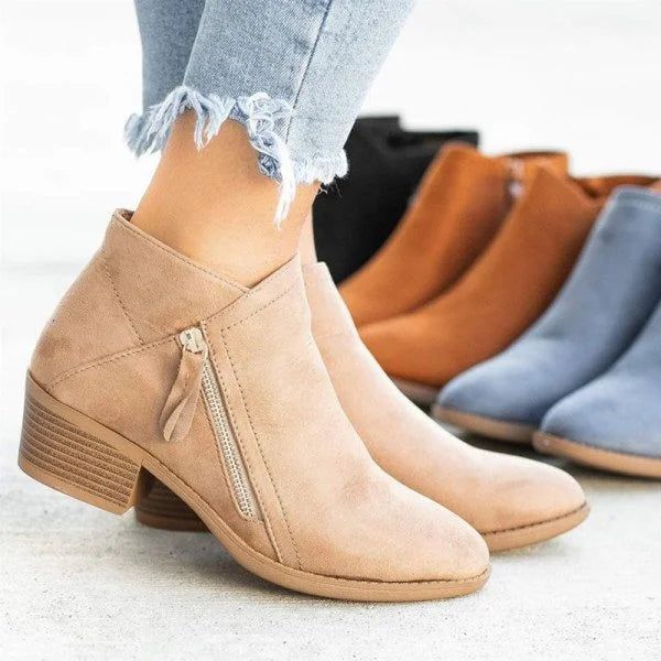 Round Toe Side Zip Block Heel Ankle Boots