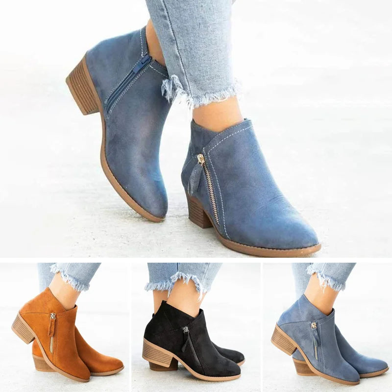 Round Toe Side Zip Block Heel Ankle Boots