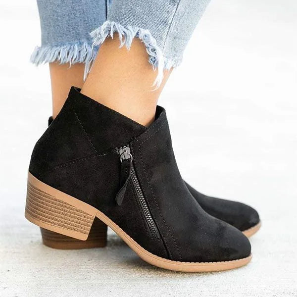 Round Toe Side Zip Block Heel Ankle Boots