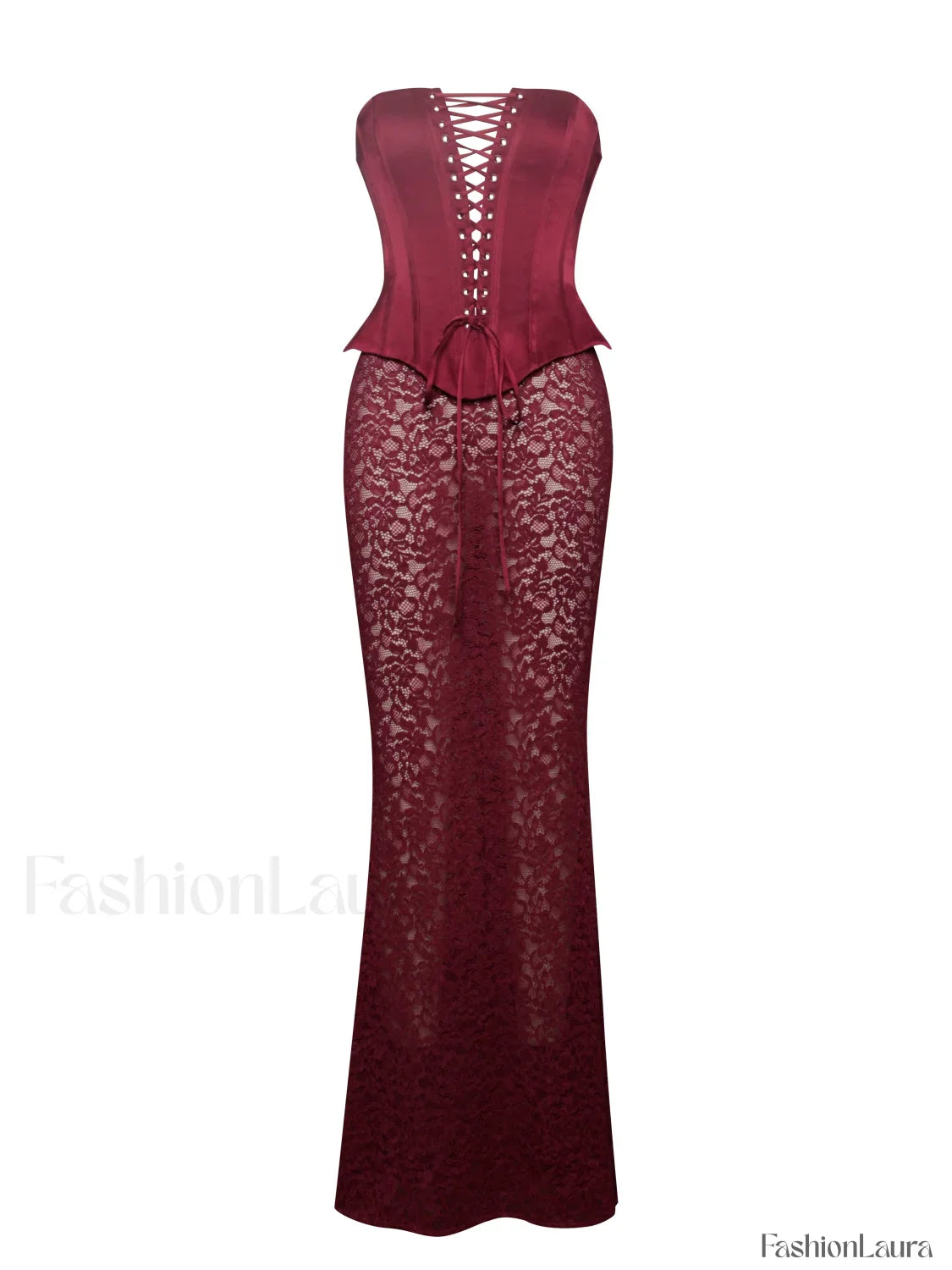 Lucinda Burgundy Satin Charming Lace Corset Maxi Dress
