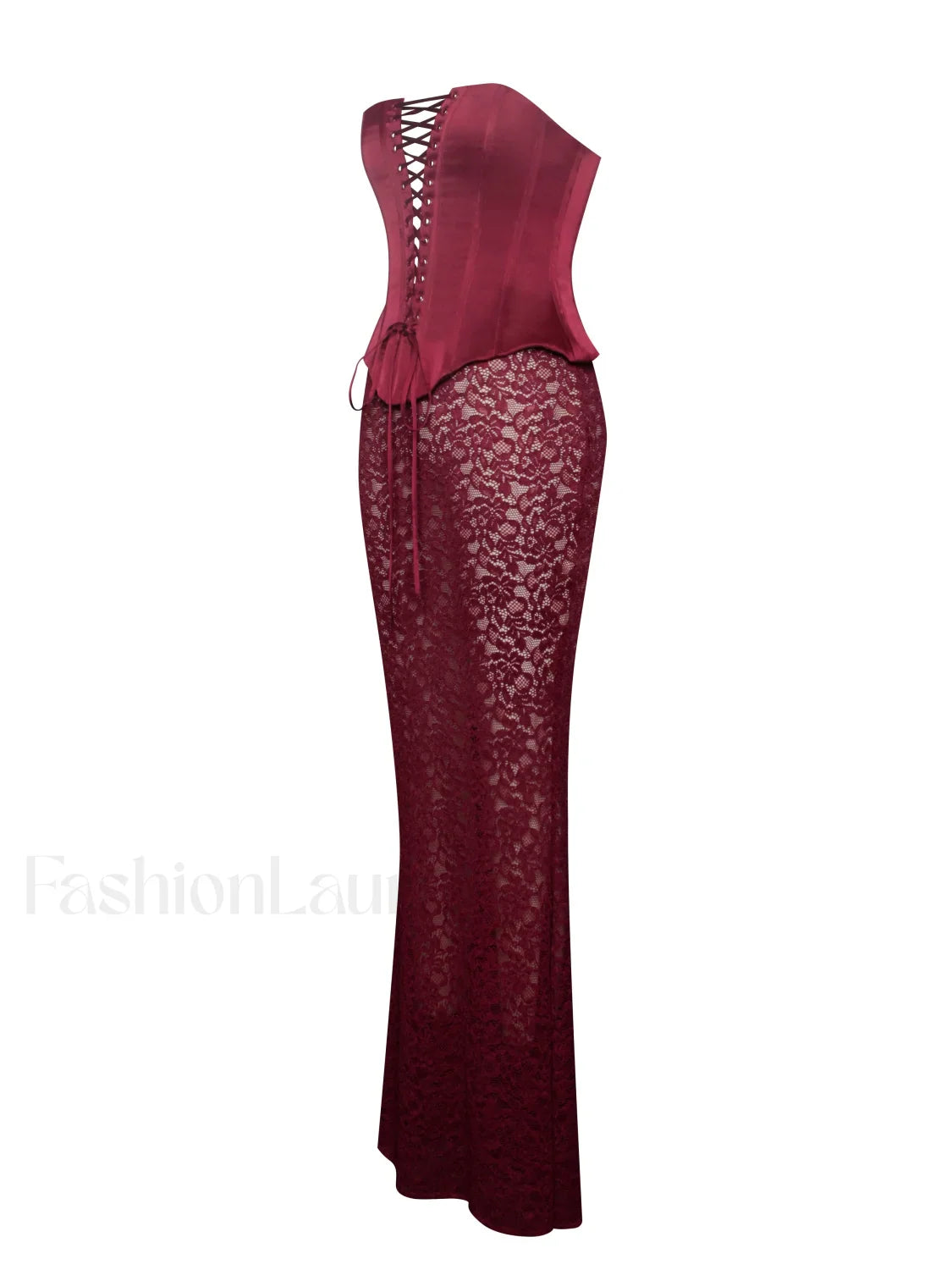 Lucinda Burgundy Satin Charming Lace Corset Maxi Dress