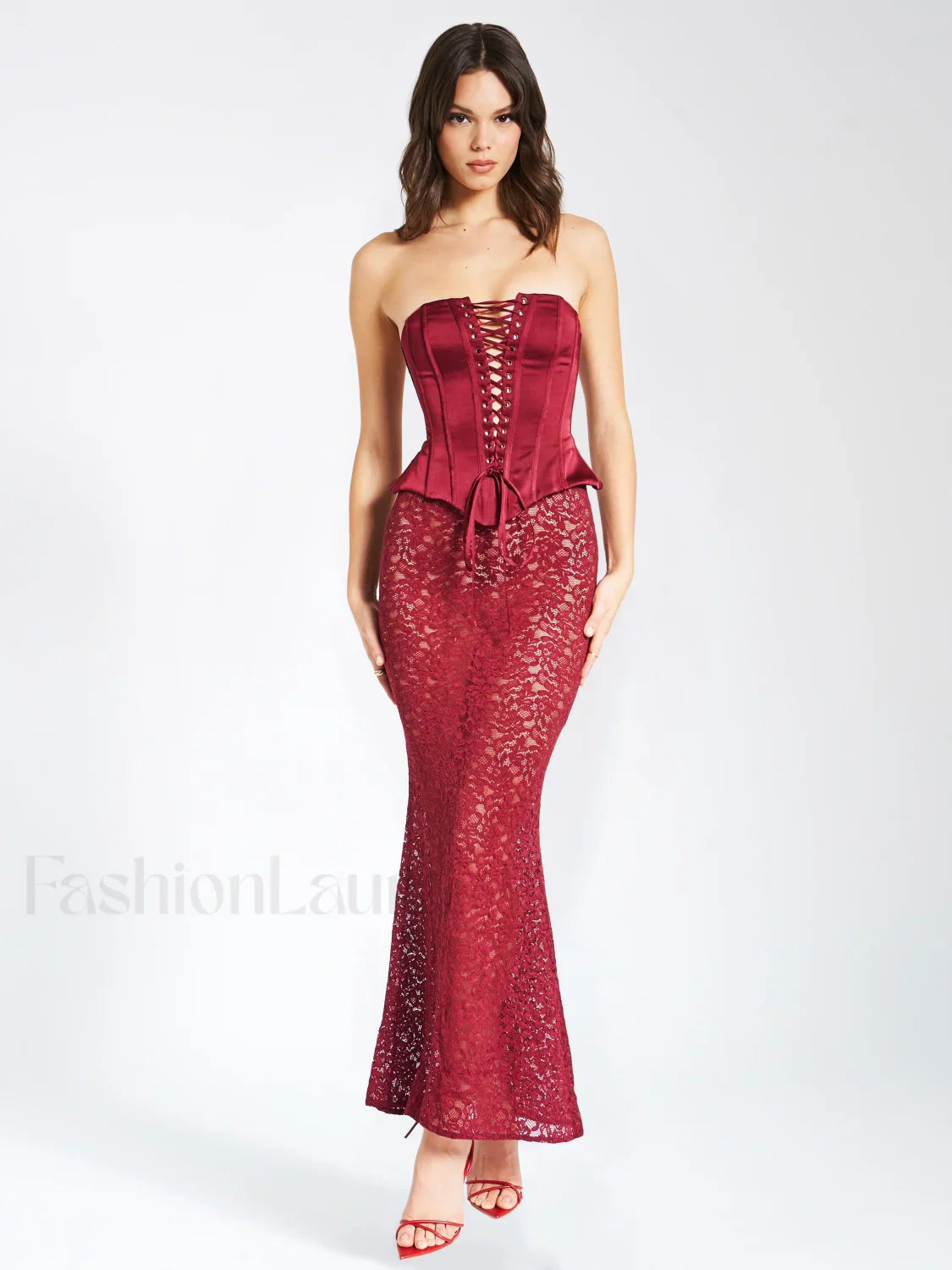 Lucinda Burgundy Satin Charming Lace Corset Maxi Dress