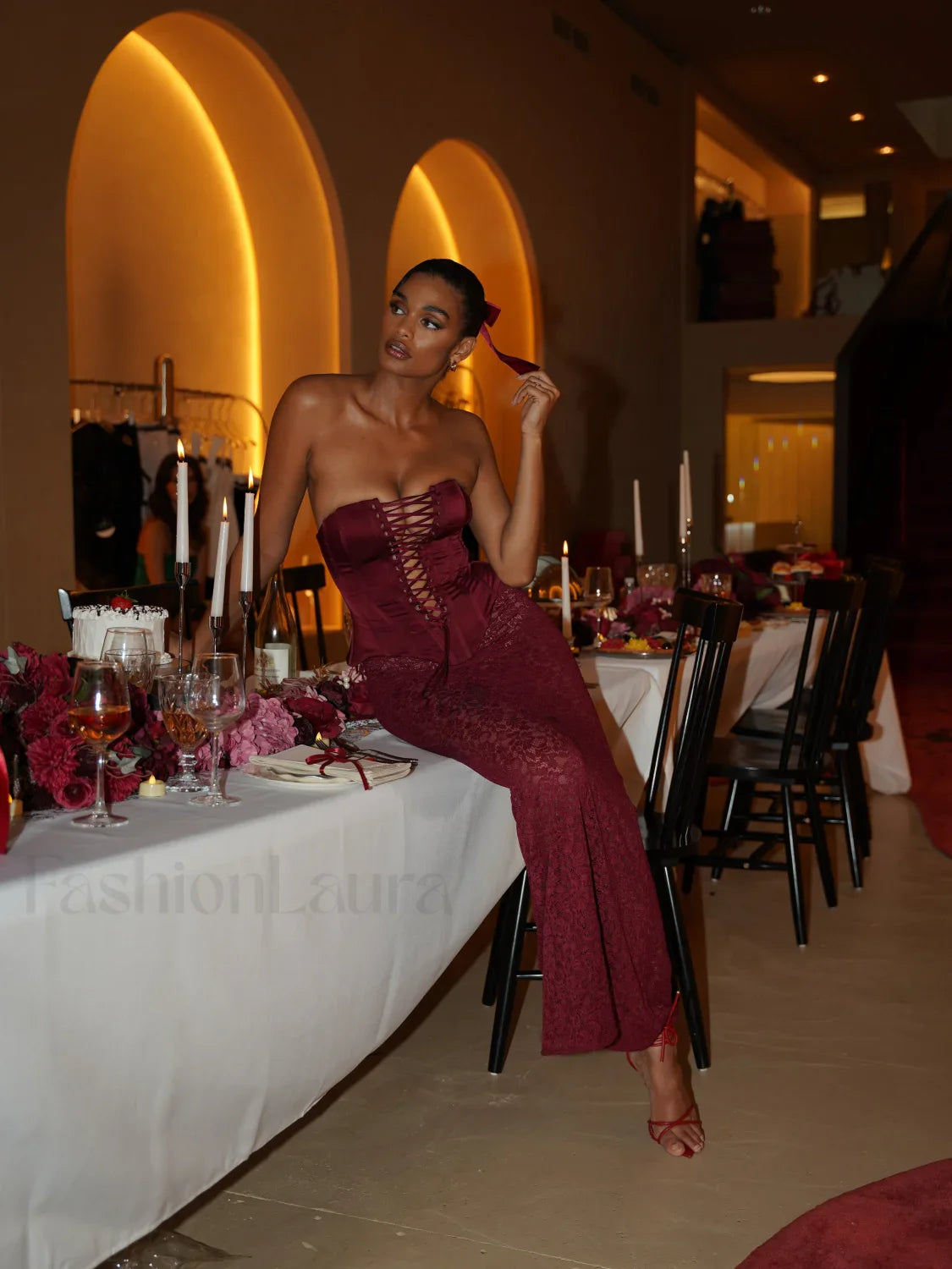 Lucinda Burgundy Satin Charming Lace Corset Maxi Dress