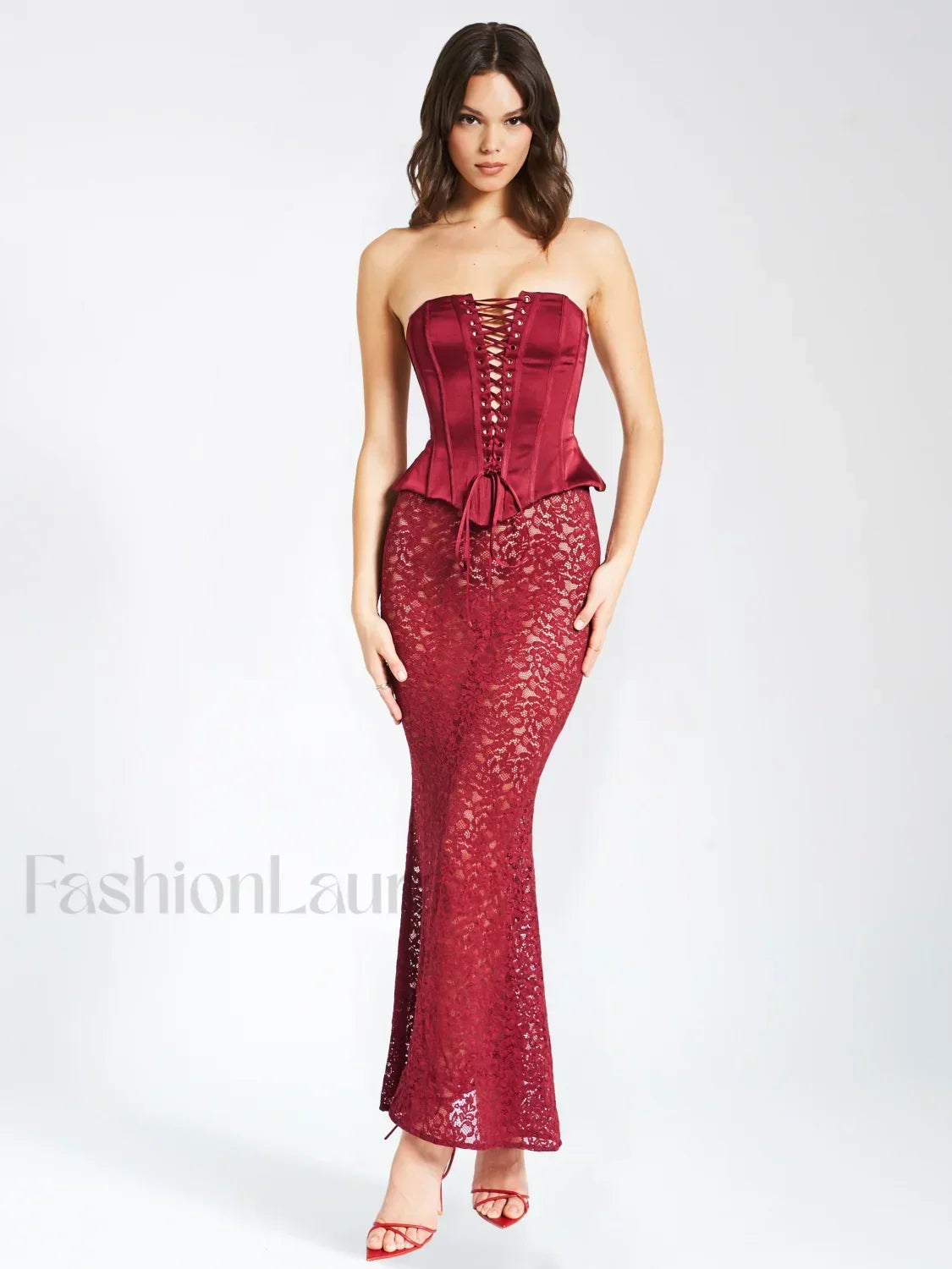 Lucinda Burgundy Satin Charming Lace Corset Maxi Dress L / US 10 12 Dresses