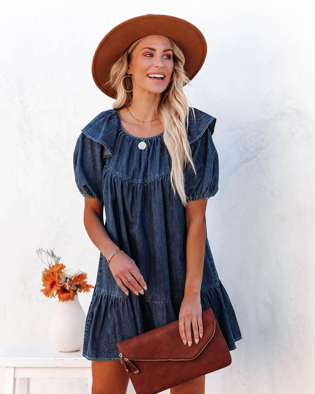 Luis Cotton Puff Sleeve Babydoll Dress Dark Wash