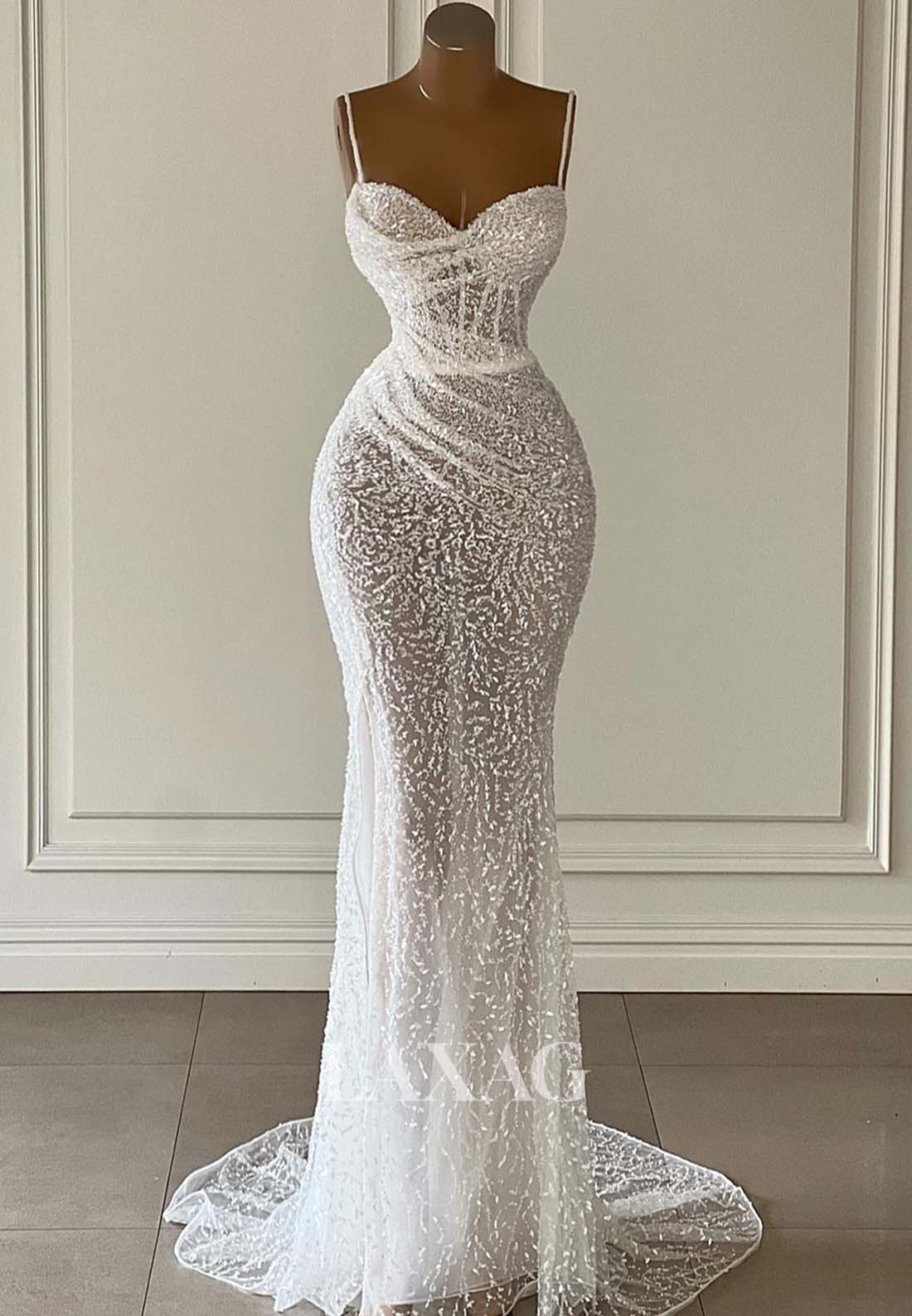 Spaghetti Straps Sweetheart Sleeveless Beaded Evening Dress Glitter illusion Mermaid Prom Dress