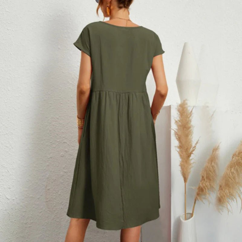 Round Neck Short Sleeve Smock Pocket Midi Dress