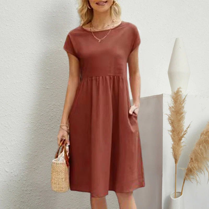 Round Neck Short Sleeve Smock Pocket Midi Dress